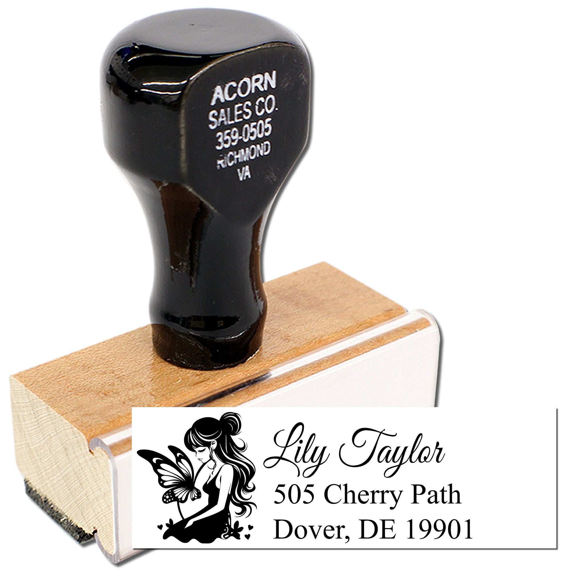 Custom butterfly address rubber stamp with Lily Taylor name and Dover, DE 19901 on a wooden mount.