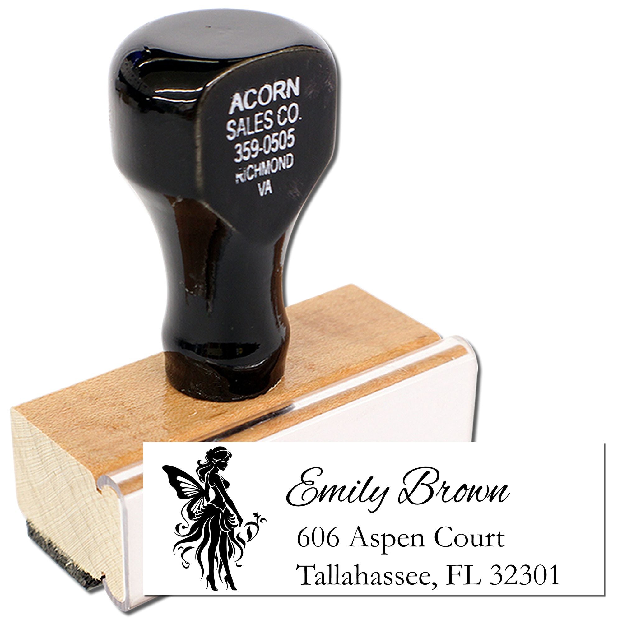 Personalized address rubber stamp with fairy design, showing Emily Brown and Tallahassee, FL return address imprint.