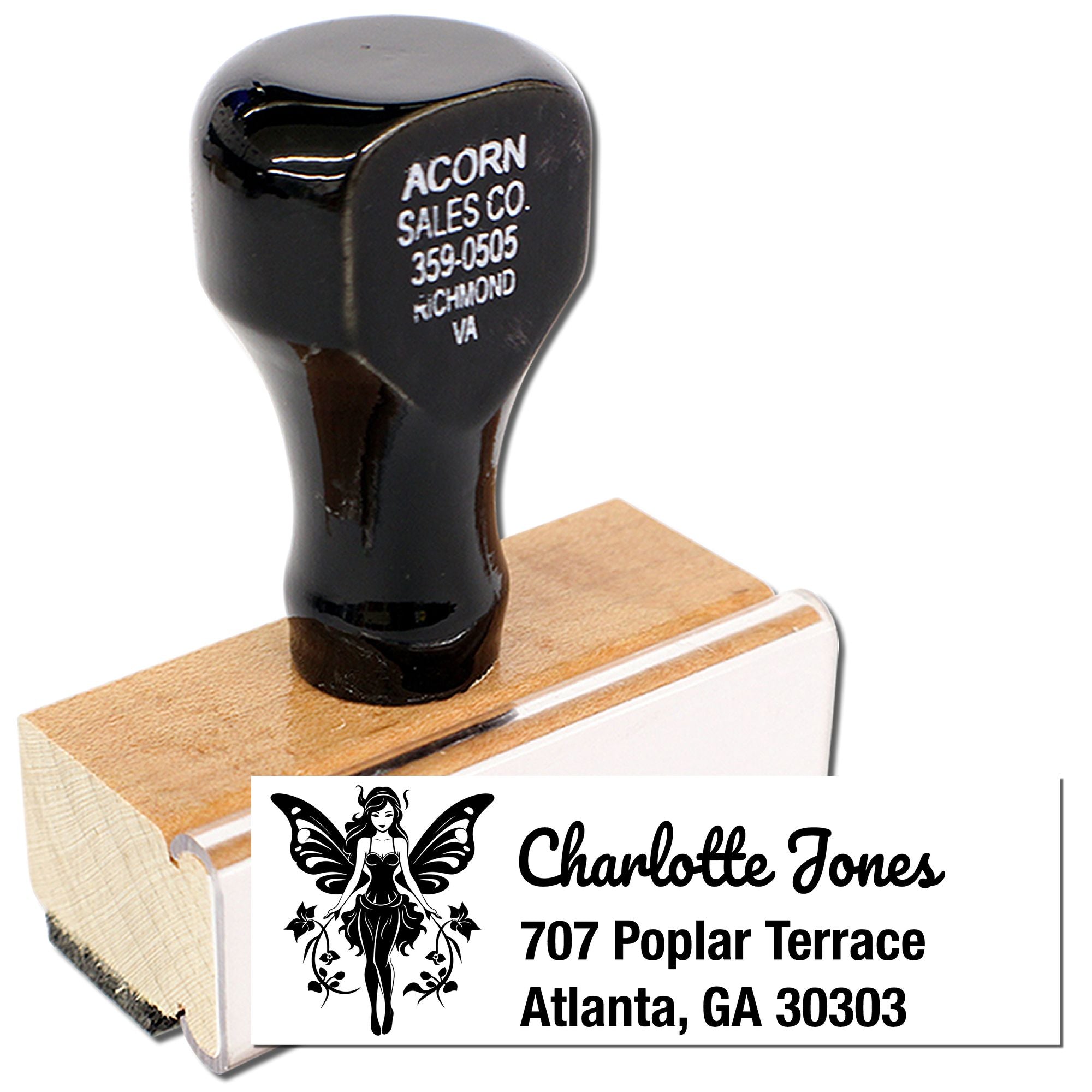Custom wooden rubber address stamp with fairy logo and Charlotte Jones Atlanta GA return address design