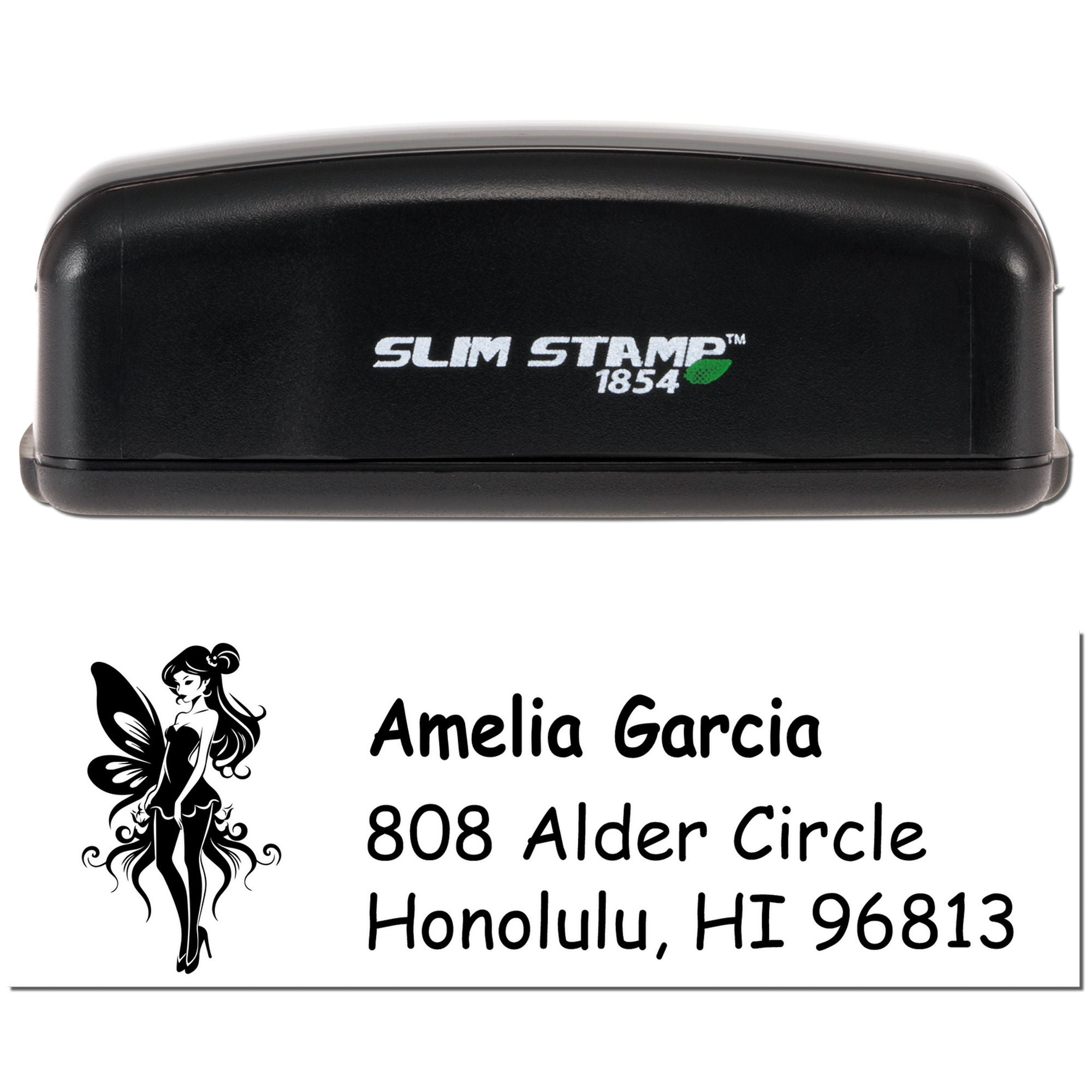 Slim Stamp 1854 custom self-inking address rubber stamp with fairy design for Amelia Garcia, Honolulu, HI 96813