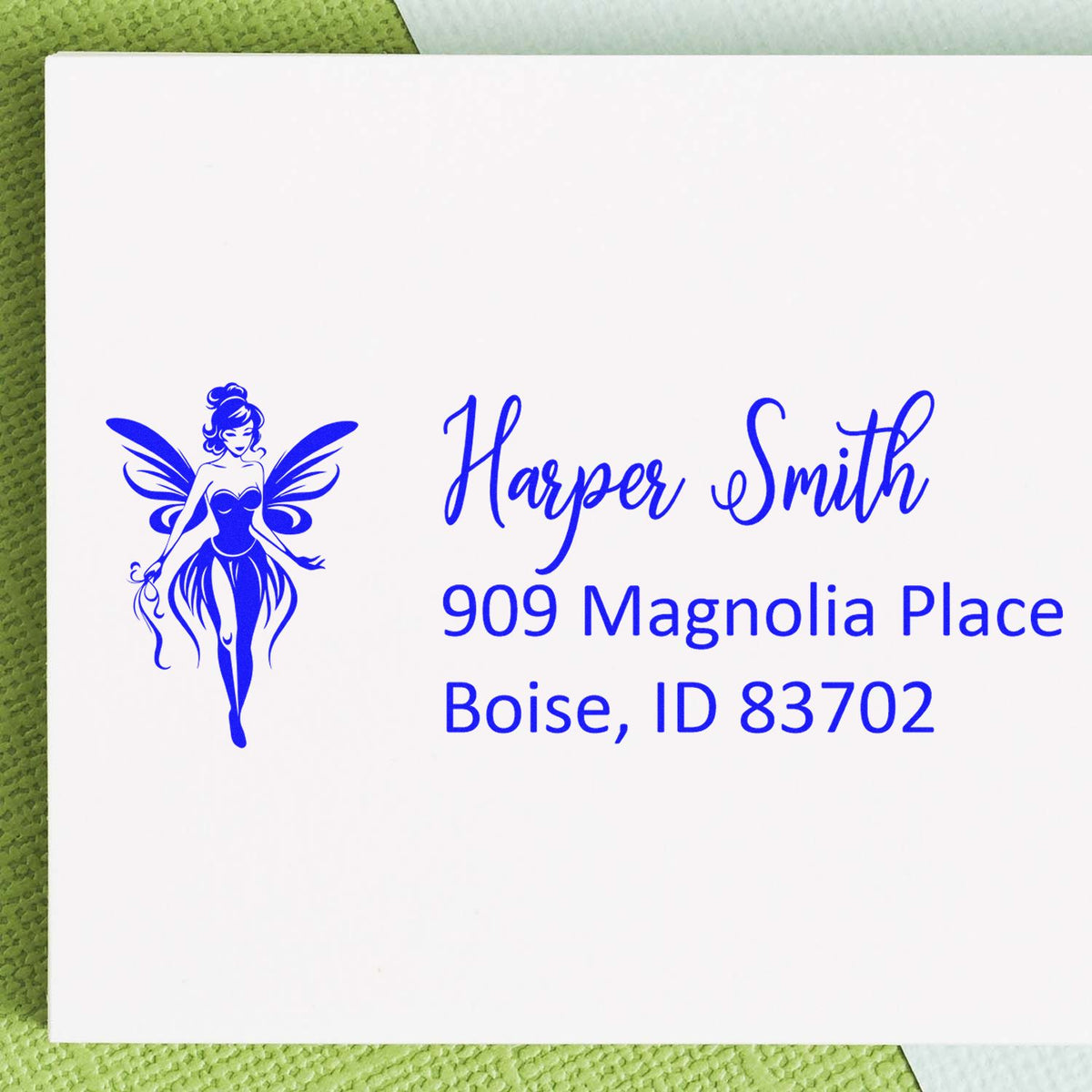 Personalized fairy return address rubber stamp for Harper Smith, Boise, ID 83702