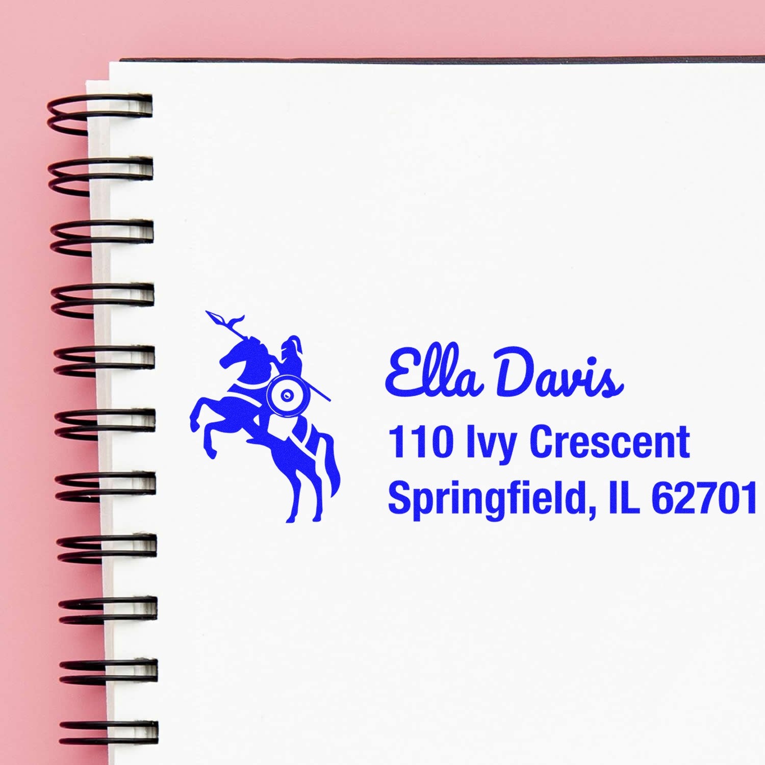 Custom rubber address stamp with knight logo for Ella Davis, 110 Ivy Crescent, Springfield, IL 62701.