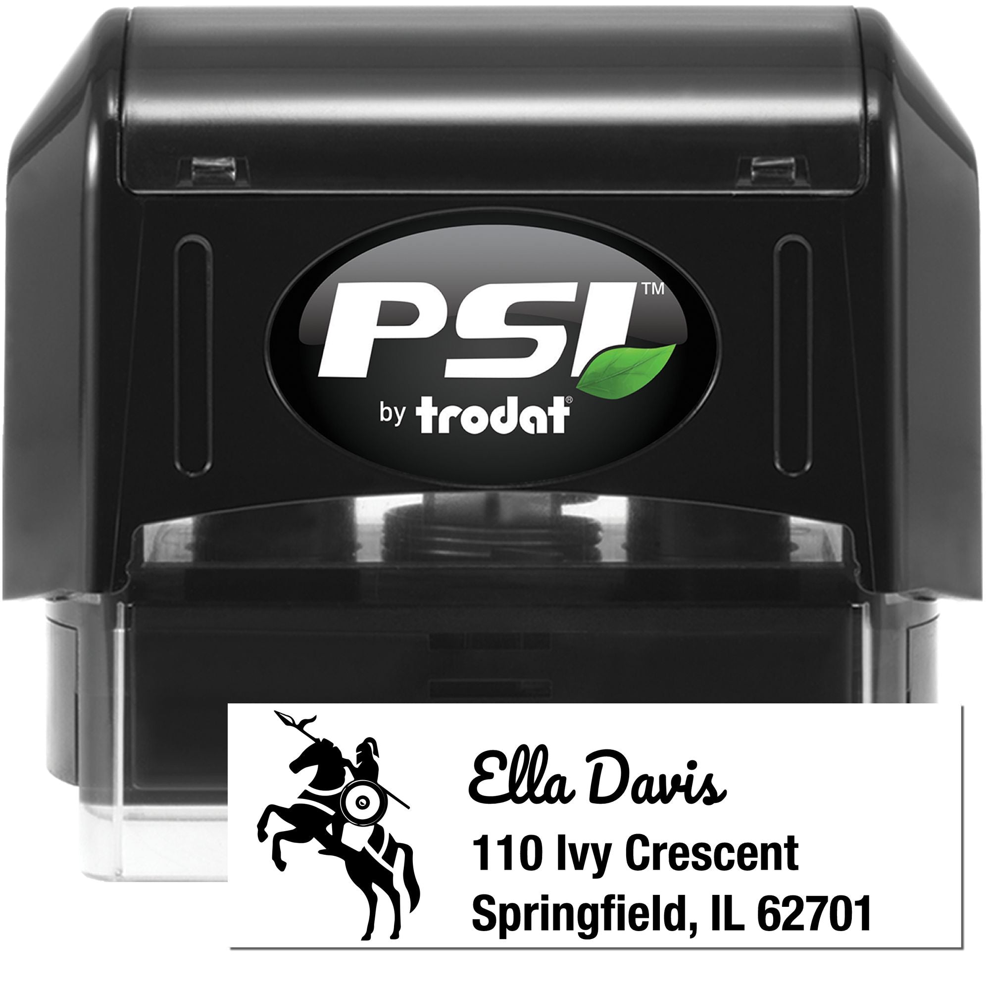 Custom self-inking address rubber stamp by PSI Trodat with rider logo and Springfield, IL return address