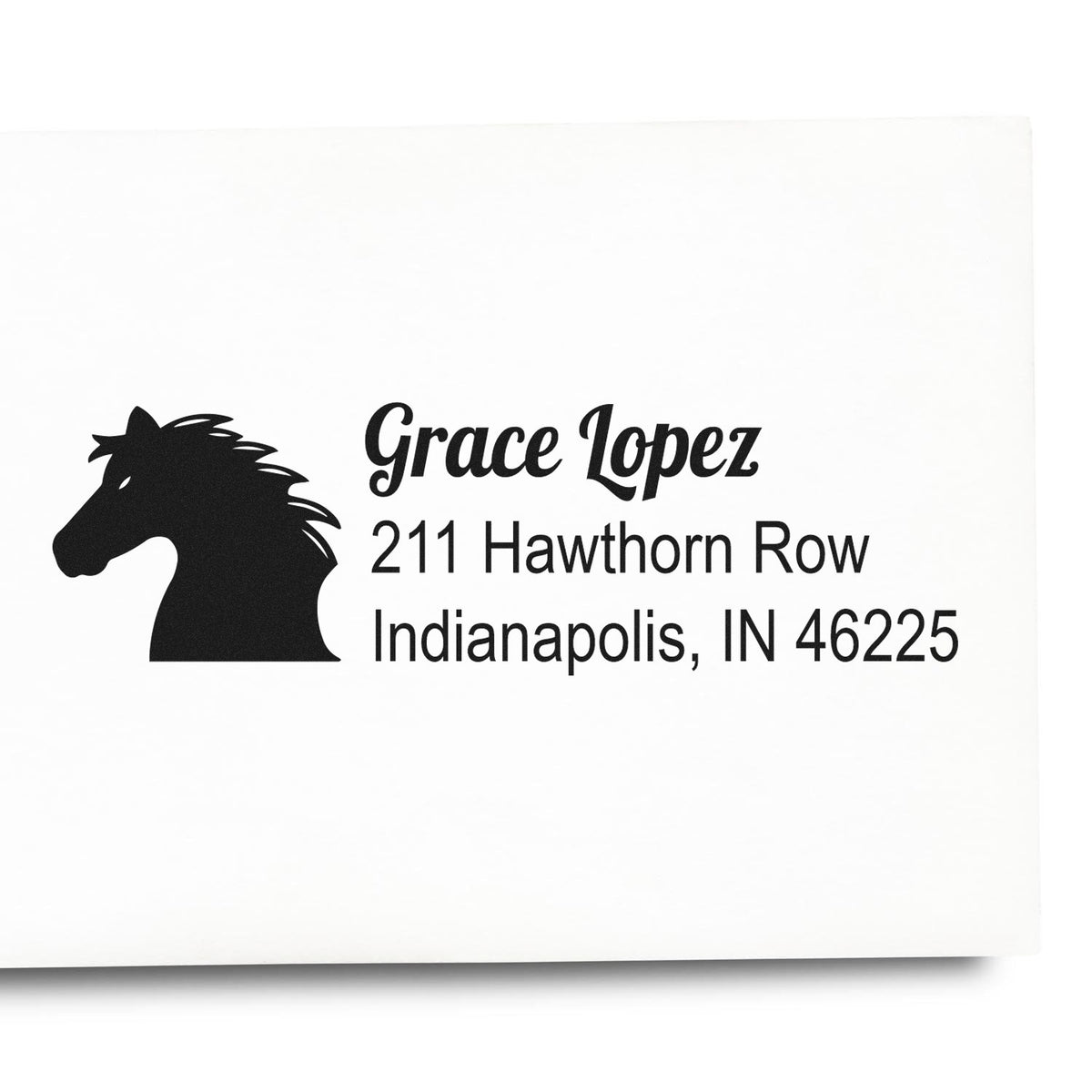 Custom horse silhouette return address rubber stamp for Grace Lopez, 211 Hawthorn Row, Indianapolis, IN 46225