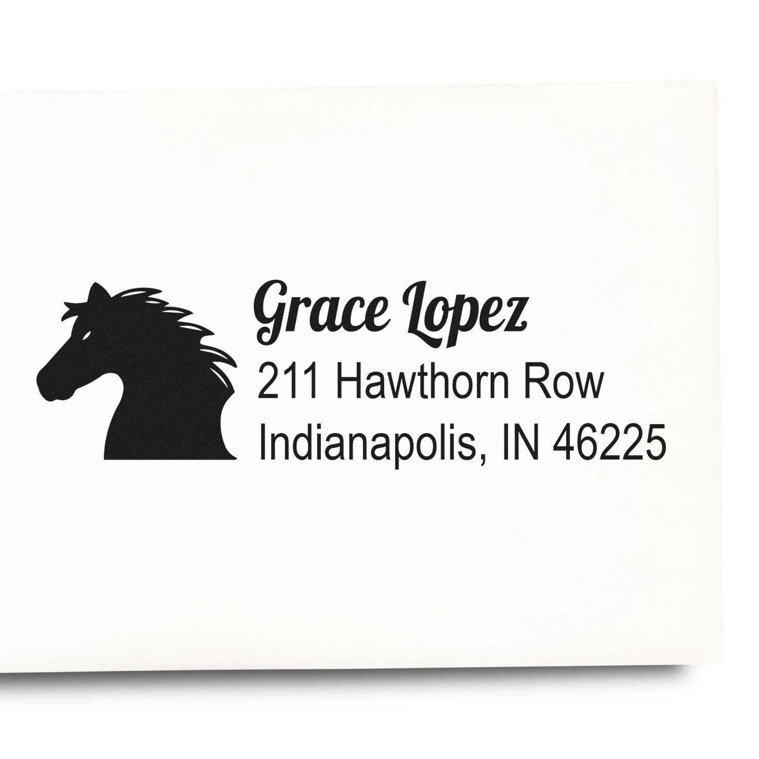 Personalized horse address rubber stamp for Grace Lopez, 211 Hawthorn Row, Indianapolis, IN 46225