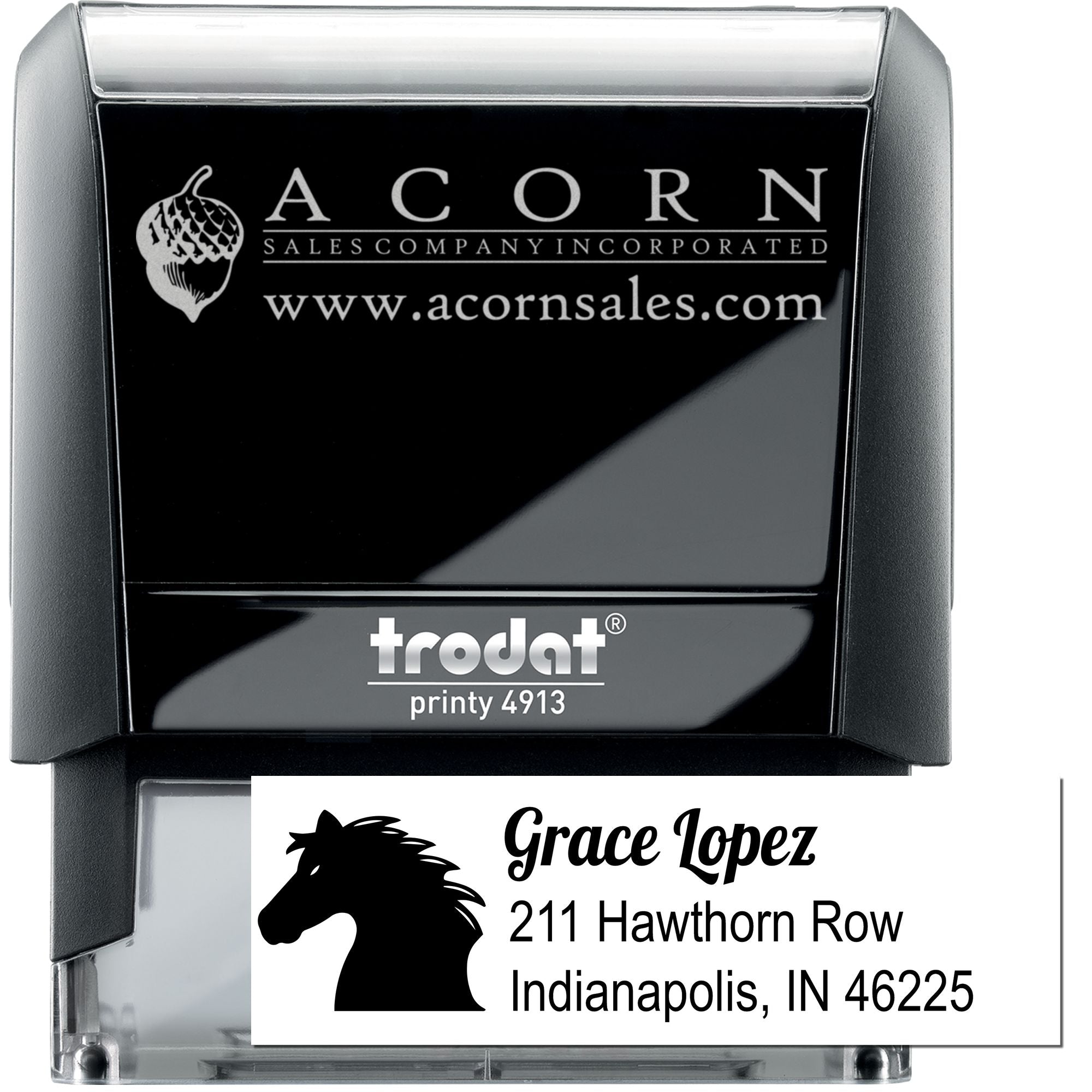 Custom self-inking rubber stamp for business branding and address printing with logo, name, and mailing details.