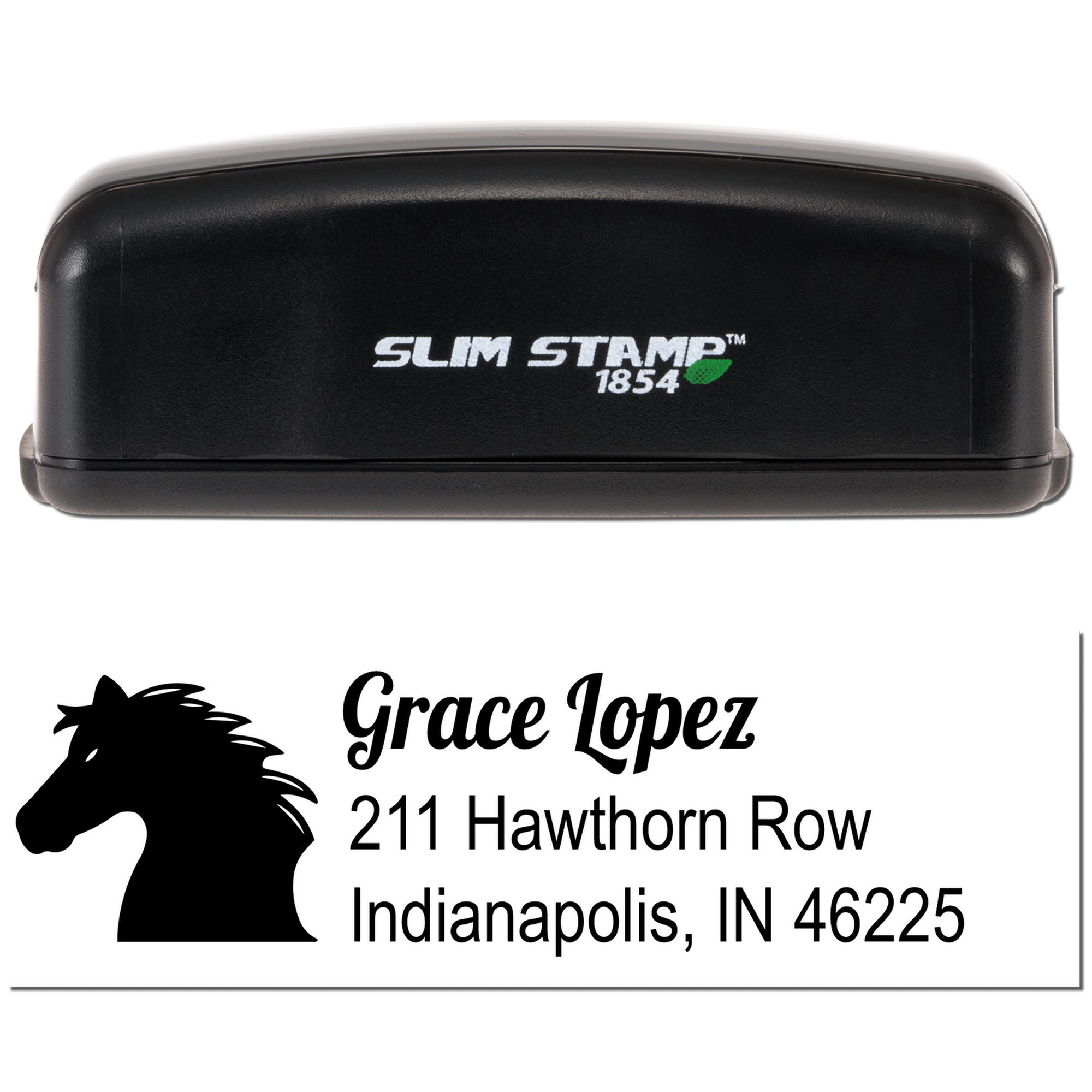 Slim Stamp 1854 self-inking custom return address rubber stamp with horse silhouette for Grace Lopez, Indianapolis.