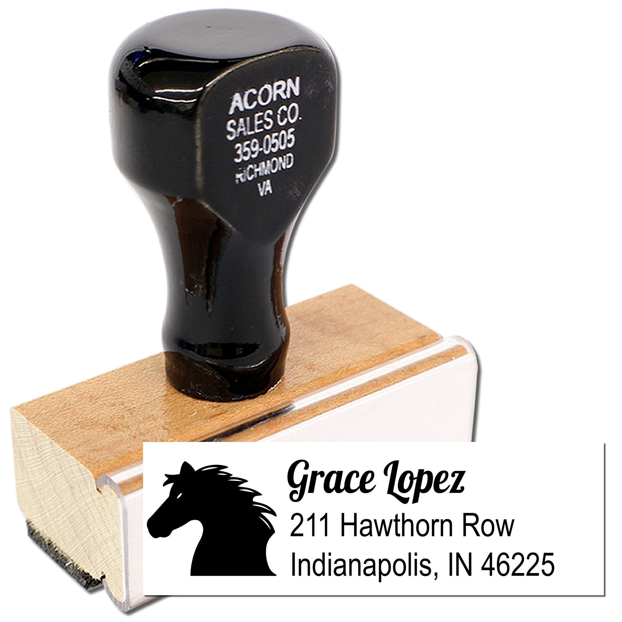Custom horse address rubber stamp with Grace Lopez name and Indianapolis, IN return address on a wooden handle stamp.