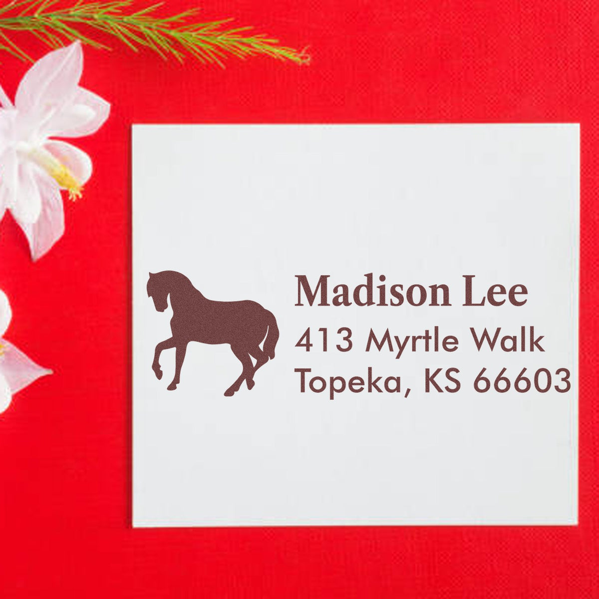 Custom horse return address rubber stamp with name and mailing address for personalized envelopes