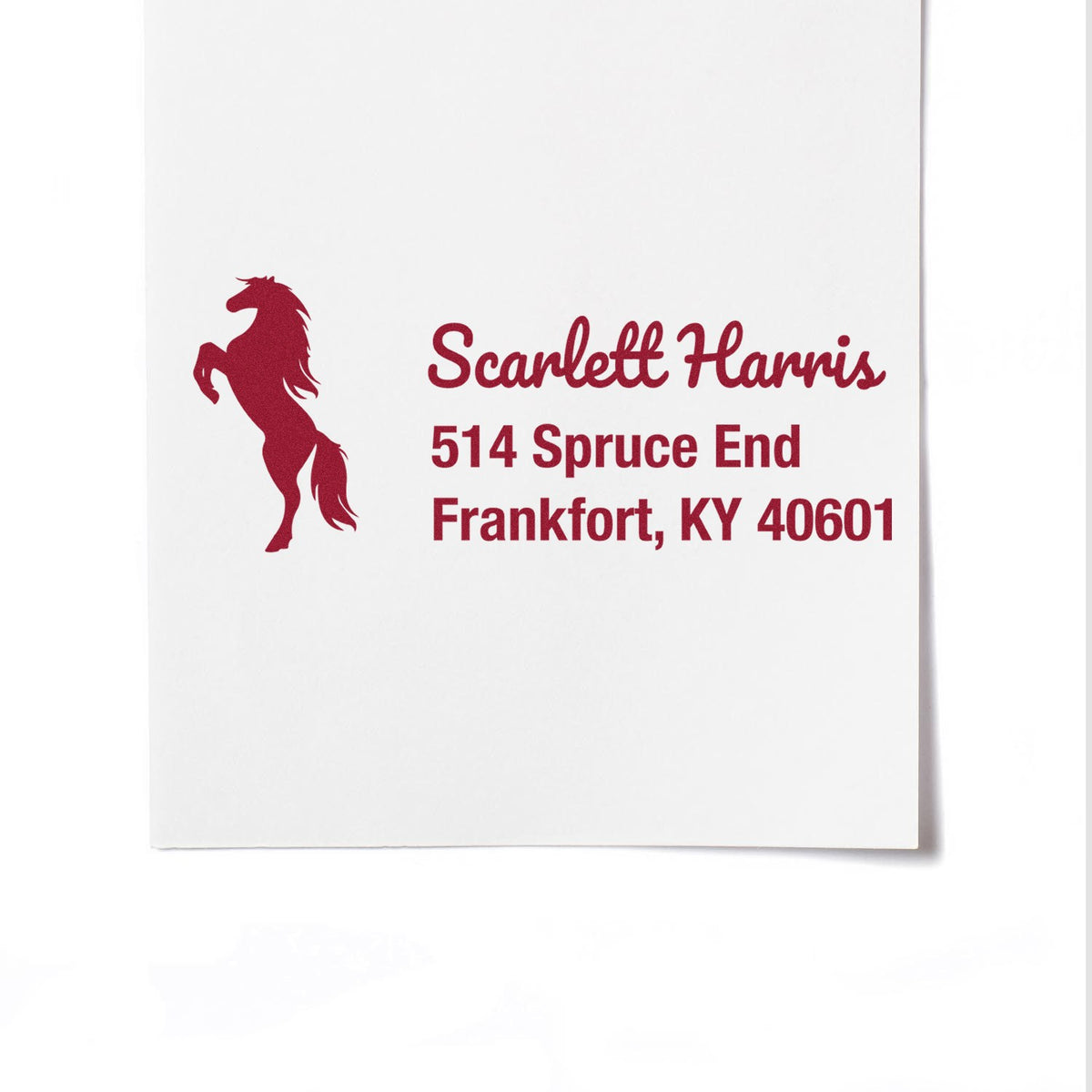 Personalized horse address stamp with name and return address for envelopes and stationery.