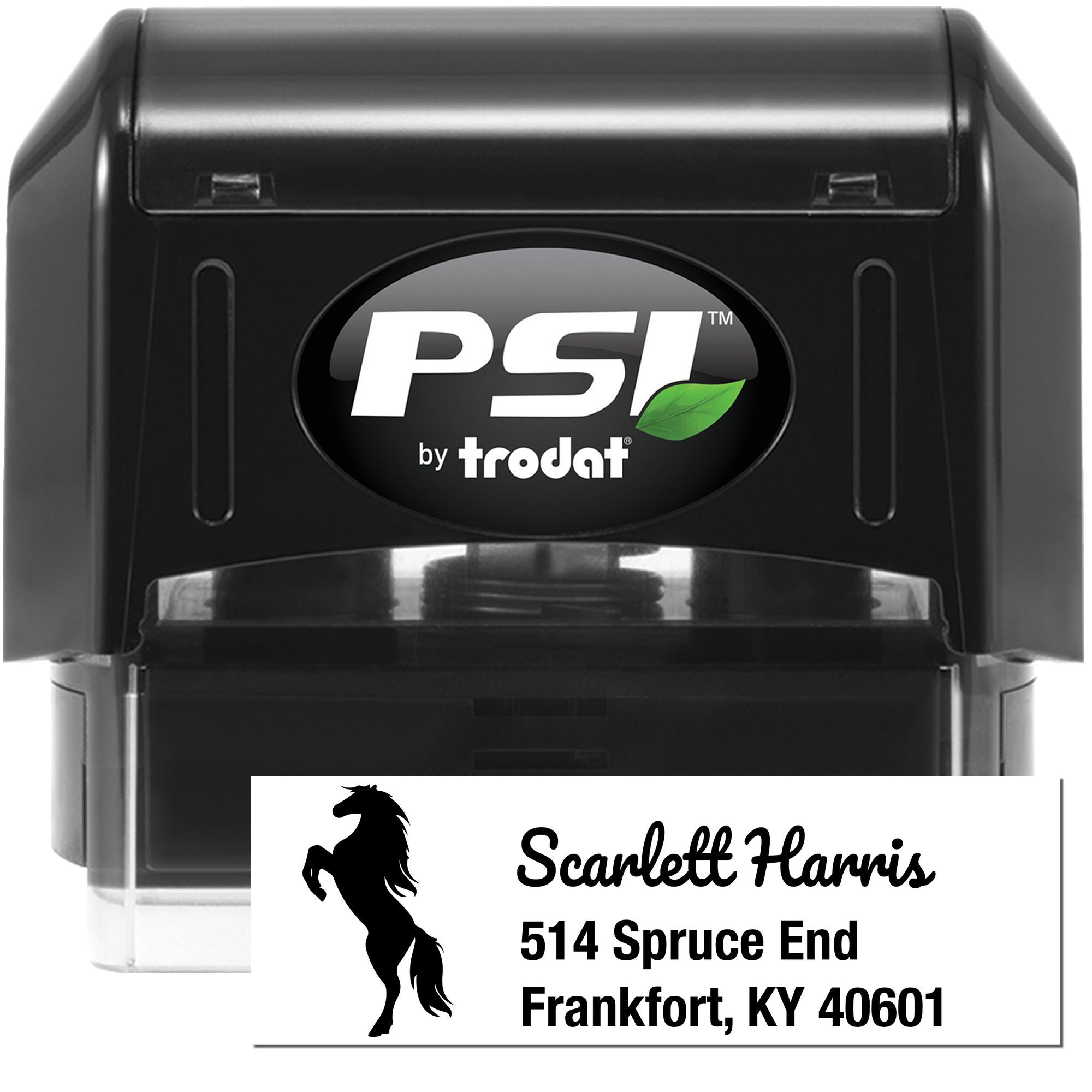 PSI by Trodat self-inking rubber stamp with custom horse logo and address imprint for personalized mailing labels.