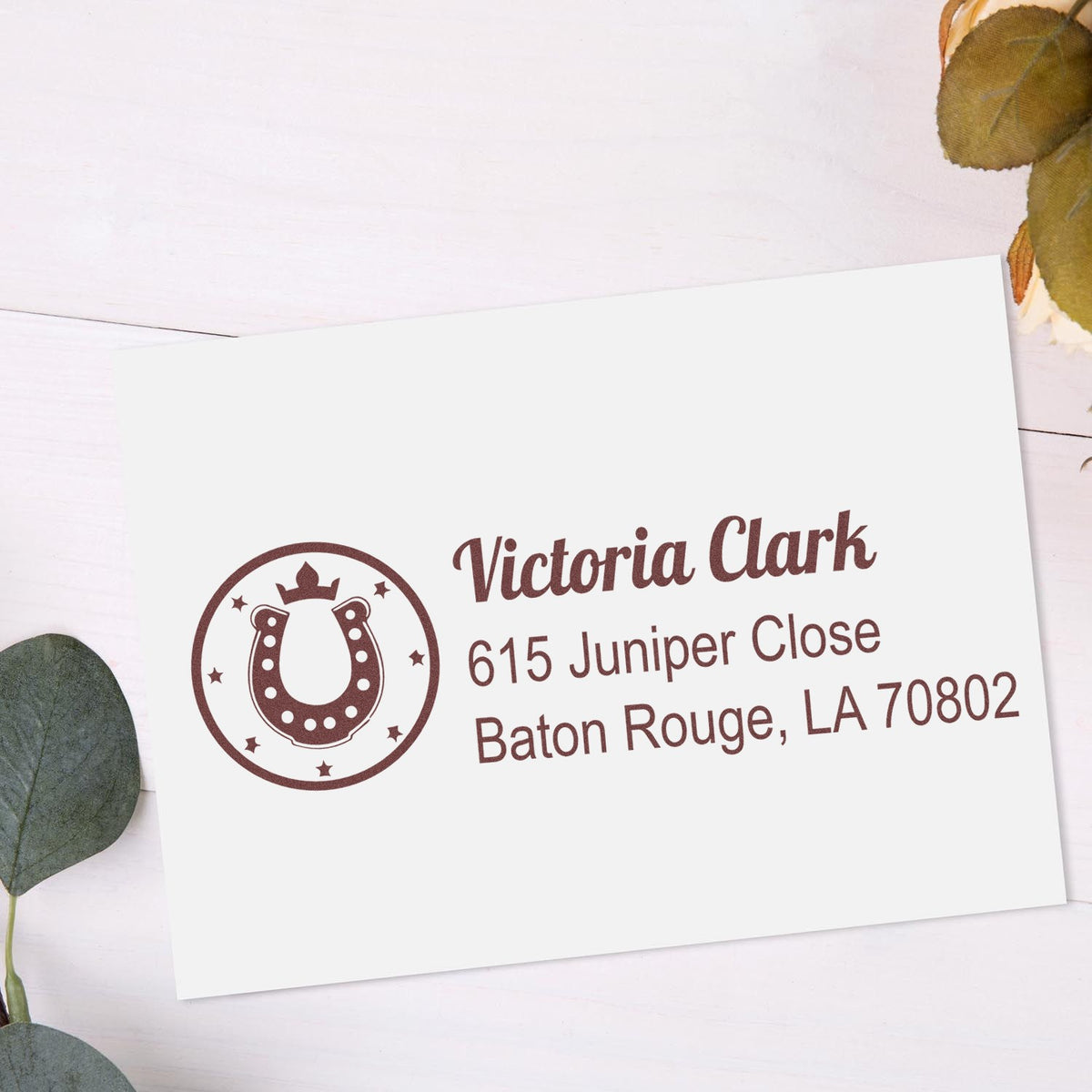 Custom horse shoe address rubber stamp for Victoria Clark, 615 Juniper Close, Baton Rouge, LA 70802