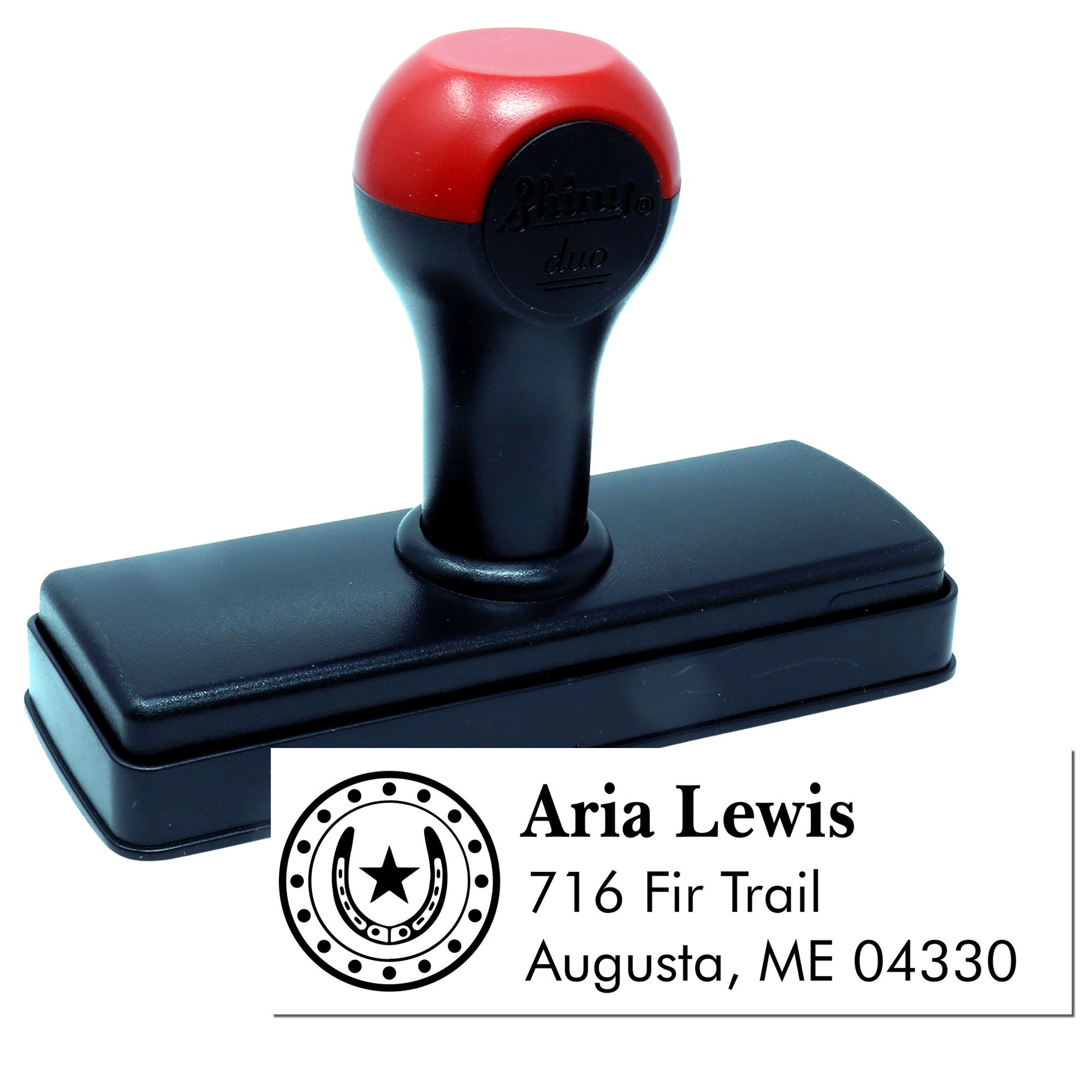 Custom self-inking address rubber stamp with name and return address design for mailing and personal correspondence.
