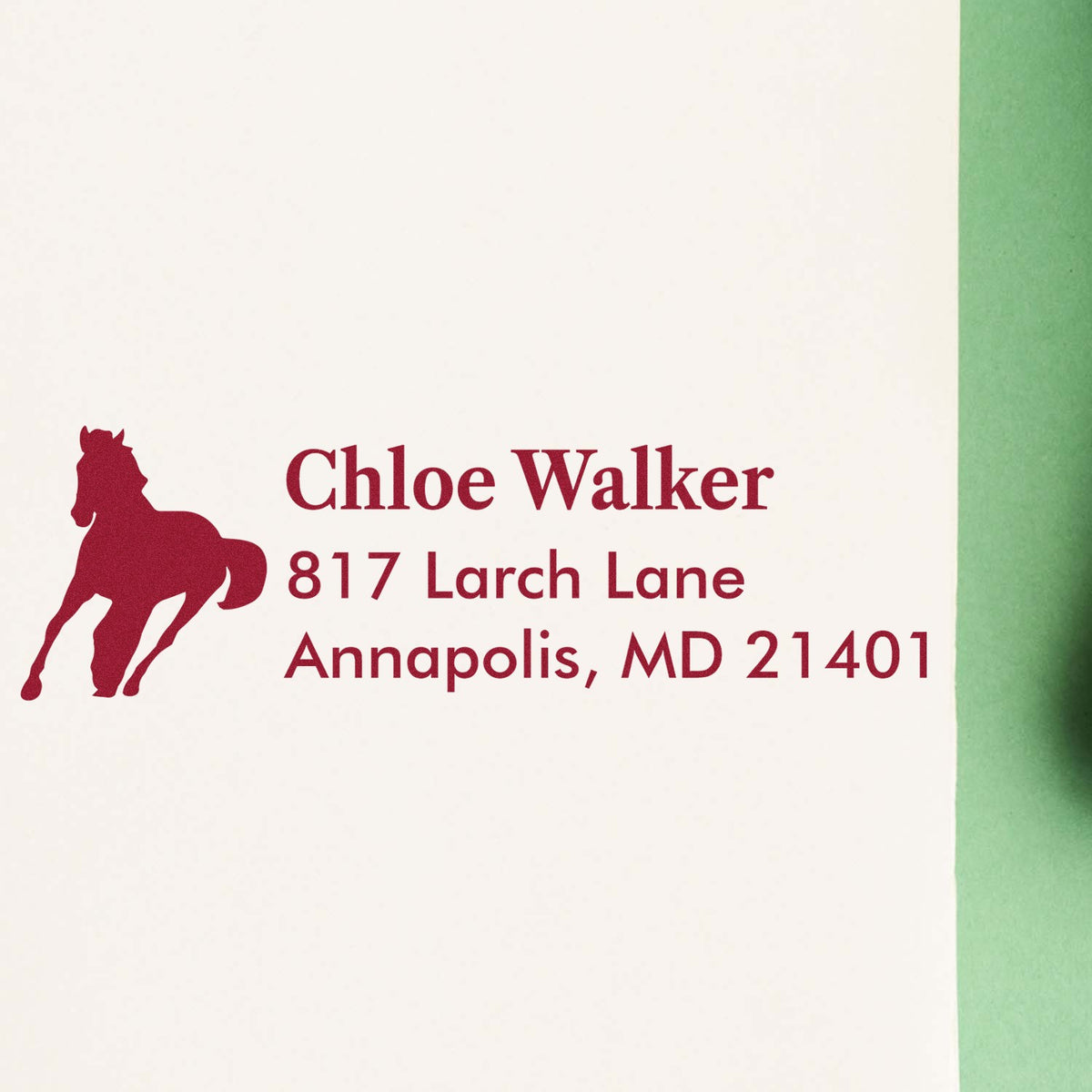 Personalized horse address rubber stamp for Chloe Walker, 817 Larch Lane, Annapolis, MD 21401.