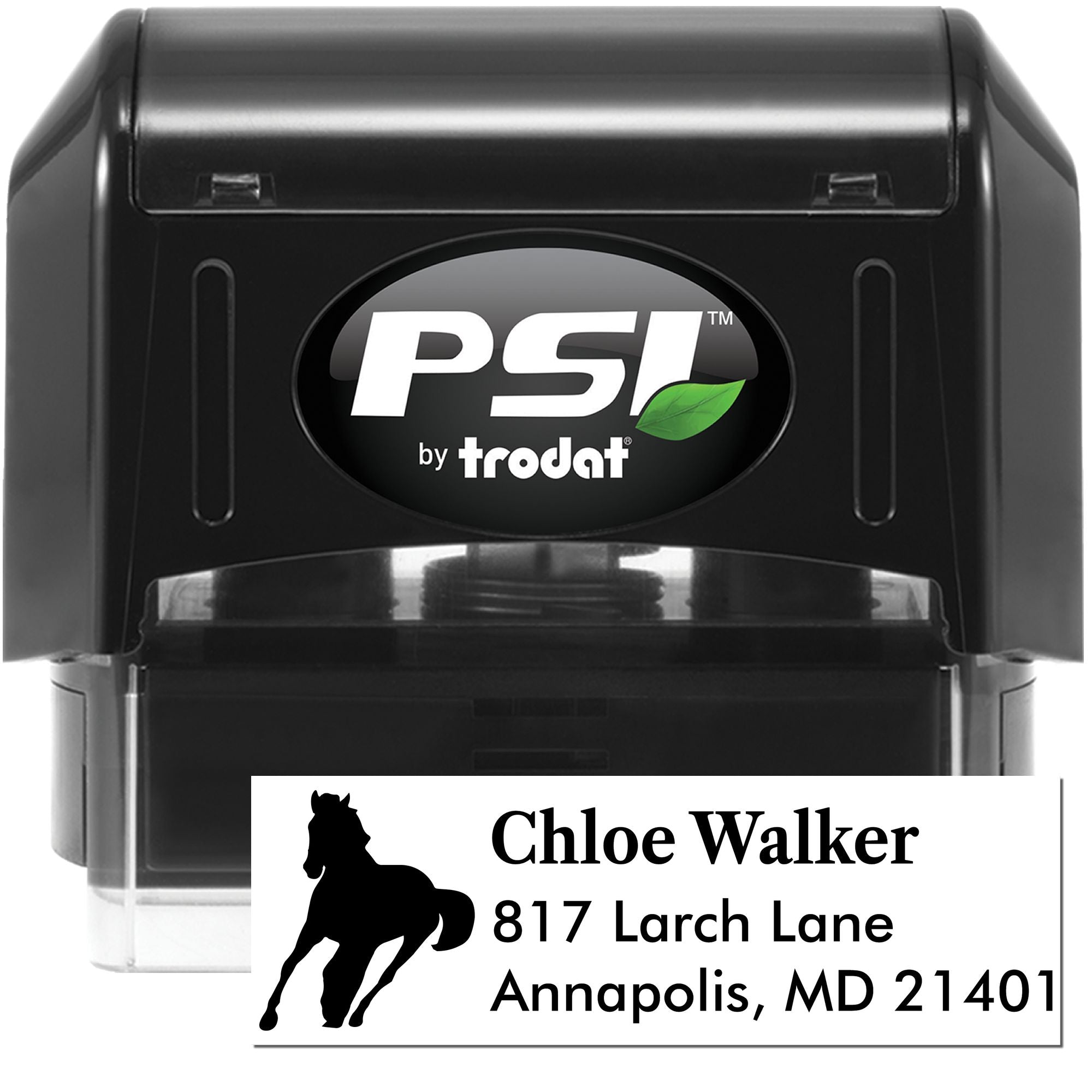 PSI by Trodat self-inking rubber address stamp with horse silhouette for Chloe Walker, 817 Larch Lane, Annapolis, MD 21401.