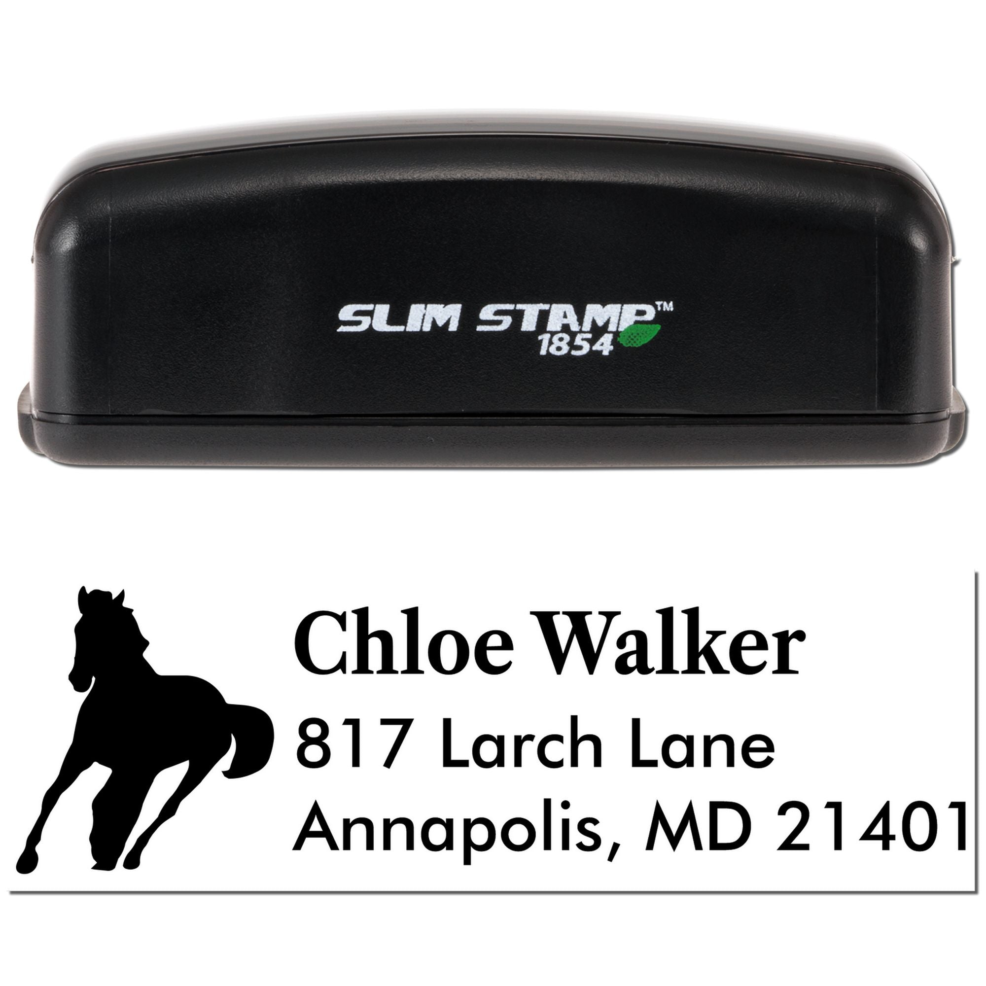 Custom self-inking rubber stamp with horse silhouette and return address for Chloe Walker, Annapolis, MD 21401.