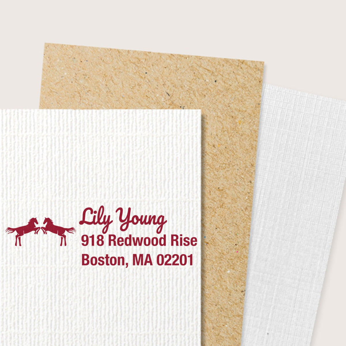 Custom return address rubber stamp with horse logo for Lily Young, Boston, MA, on textured stationery.