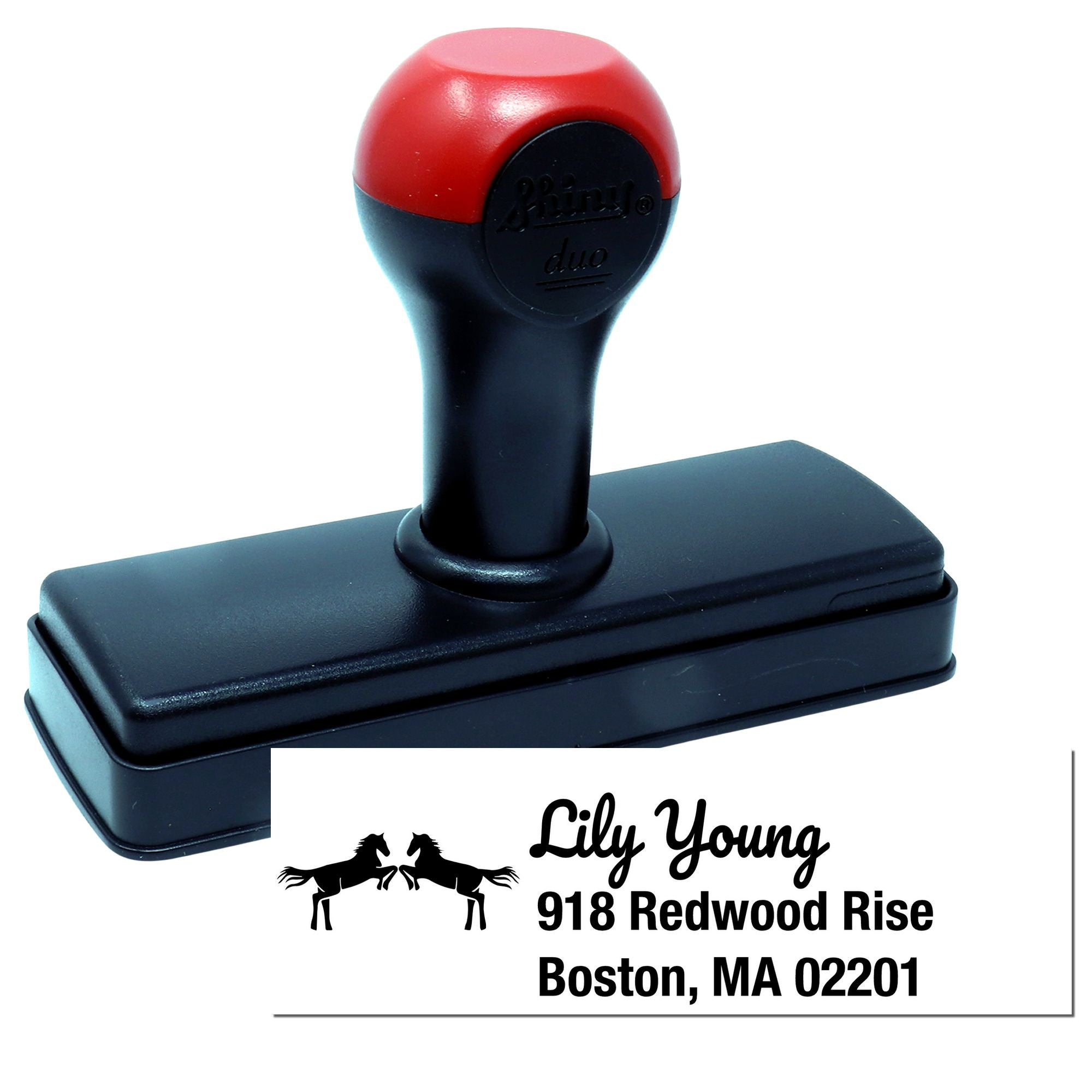 Self-inking custom address rubber stamp with sample imprint for Lily Young, 918 Redwood Rise, Boston, MA 02201