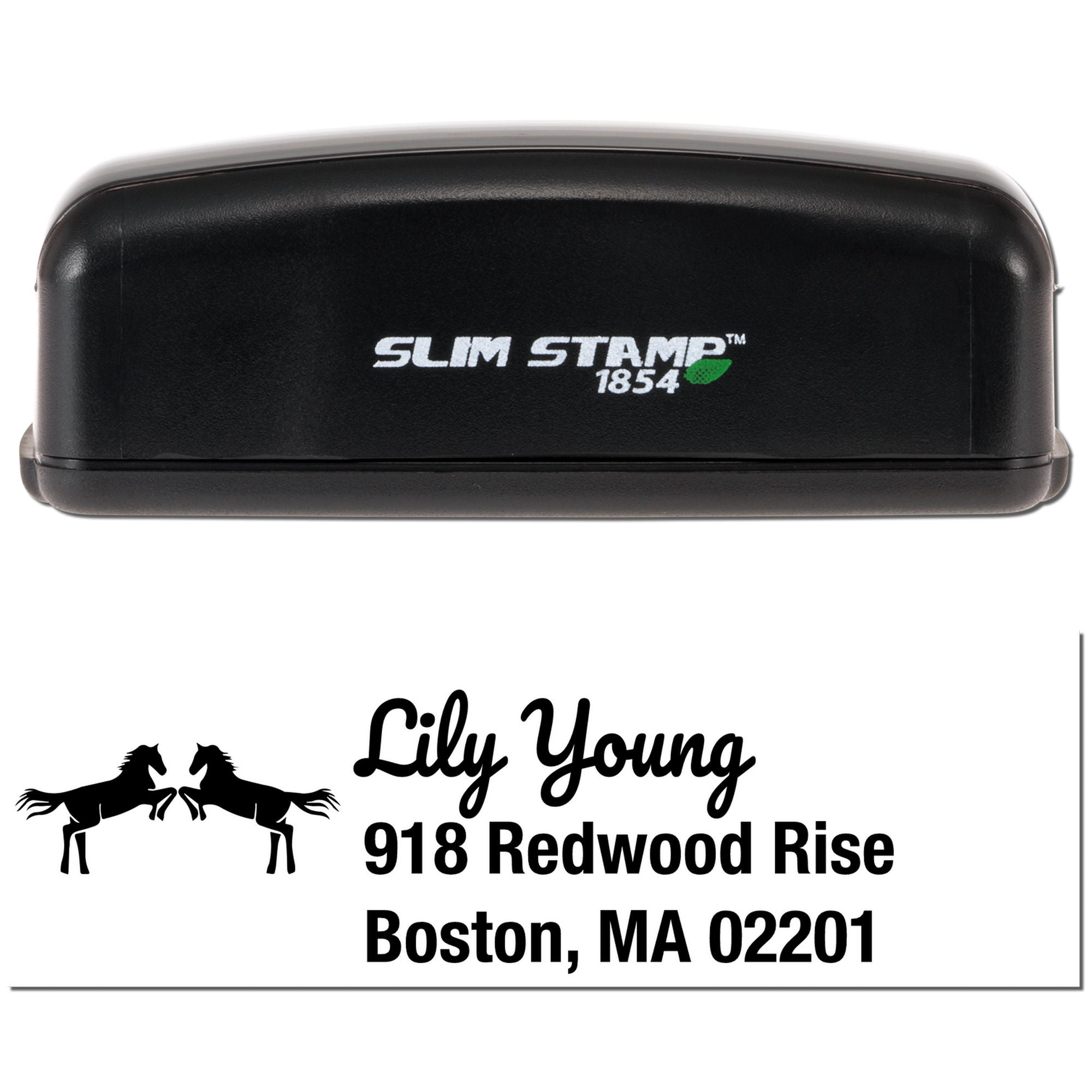 Custom Slim Stamp 1854 return address rubber stamp with horse logo for Lily Young, Boston, MA