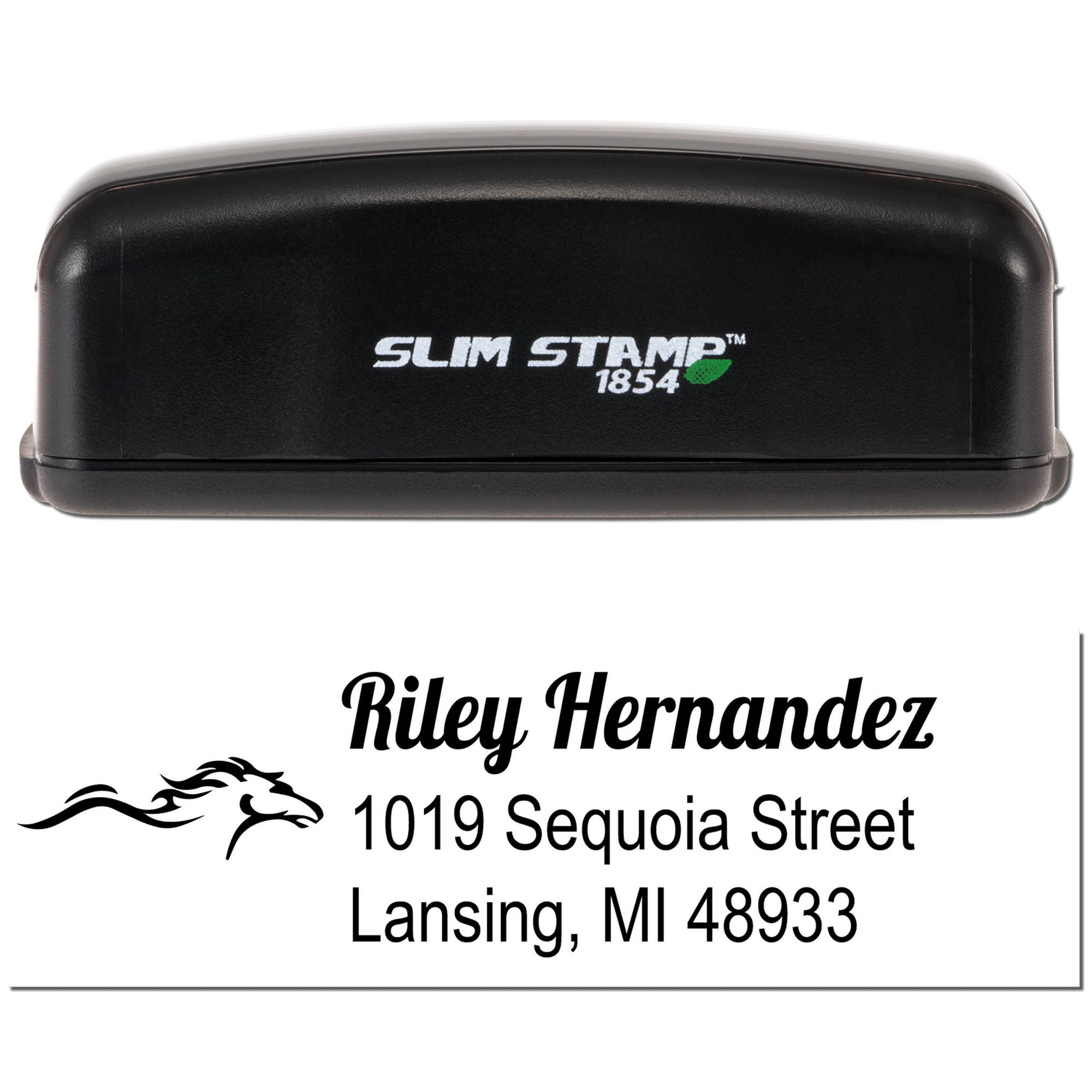 Custom Slim Stamp self-inking rubber stamp for Riley Hernandez address and horse logo, Lansing, MI 48933.