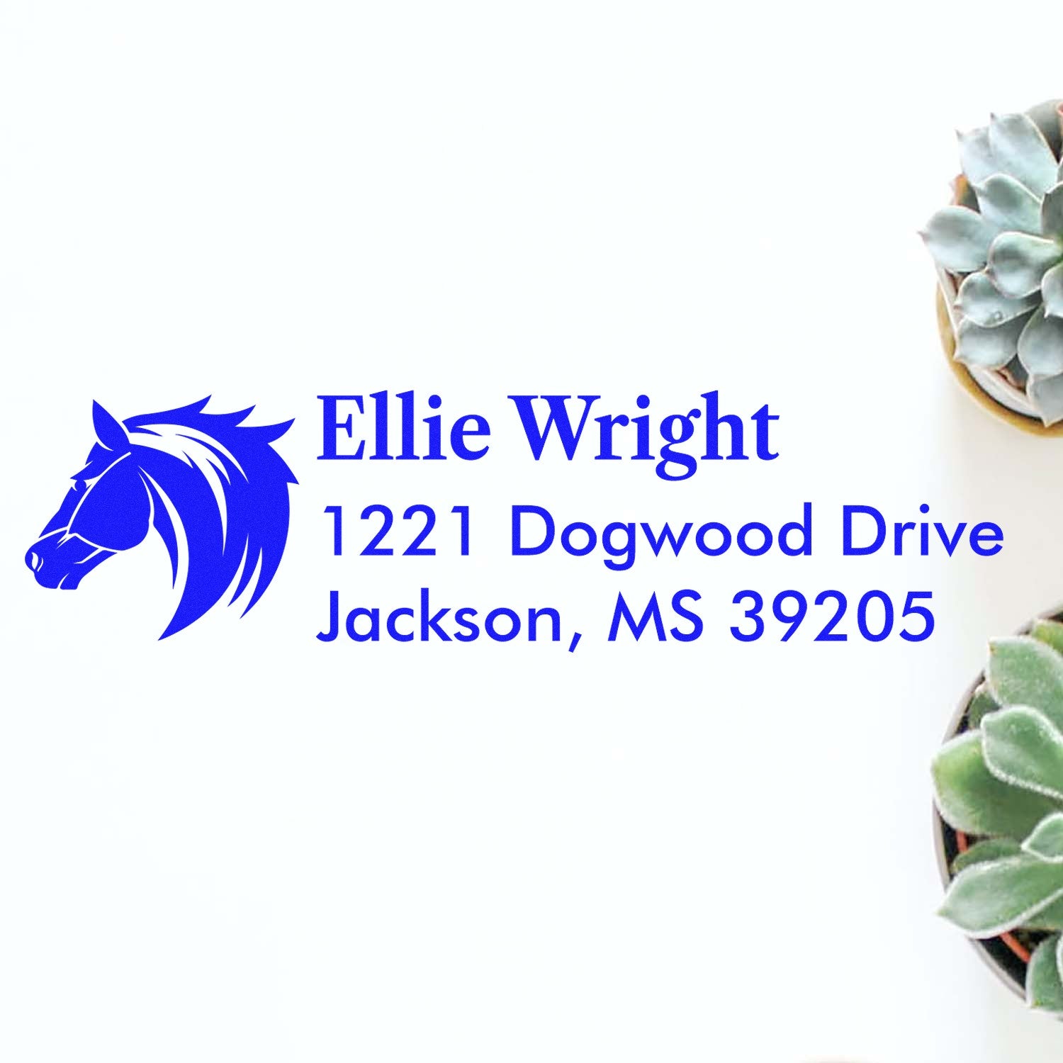Personalized horse logo return address rubber stamp for Ellie Wright, 1221 Dogwood Drive, Jackson, MS 39205