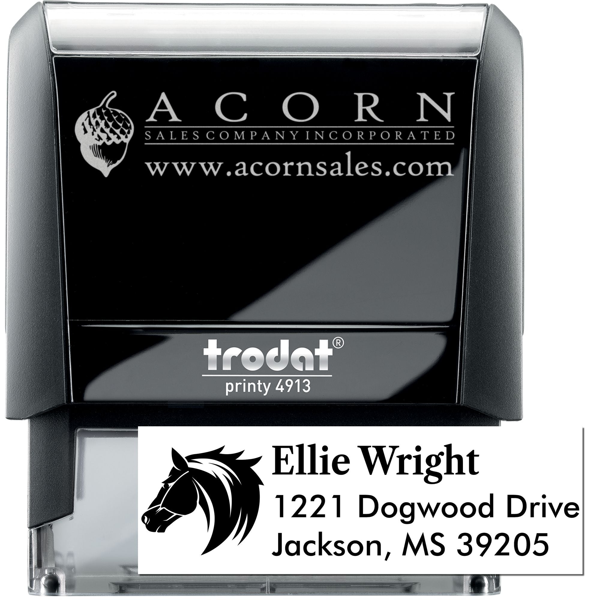 Custom self-inking rubber stamp with logo and address, ideal for business mailing, Trodat Printy 4913.