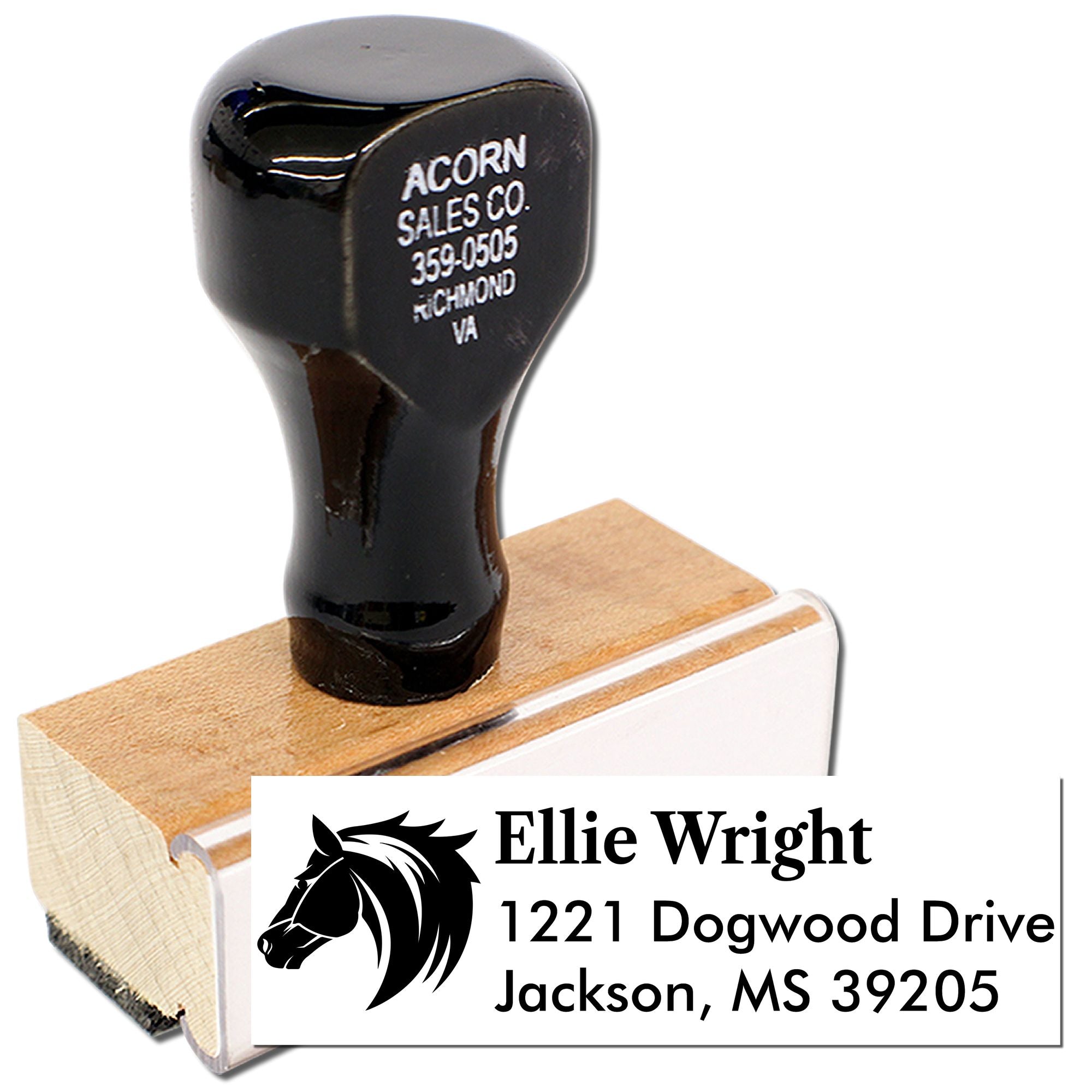 Custom horse return address rubber stamp for Ellie Wright, personalized mailing stamp for Jackson, MS.