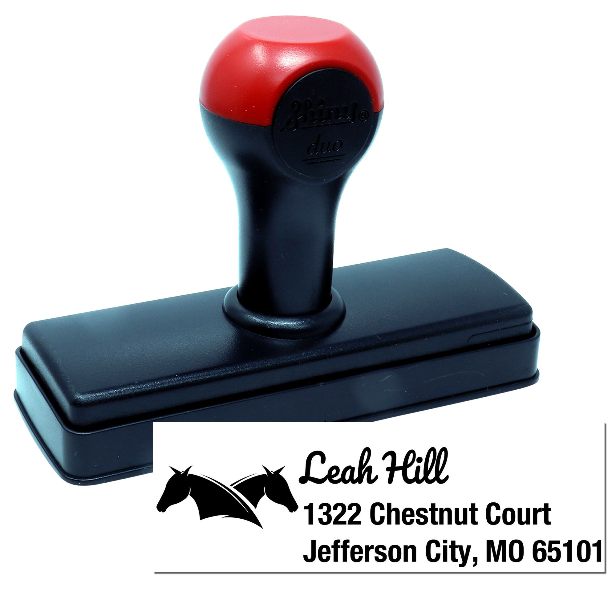 Personalized self-inking rubber address stamp with horse logo, name, and Jefferson City, MO address.