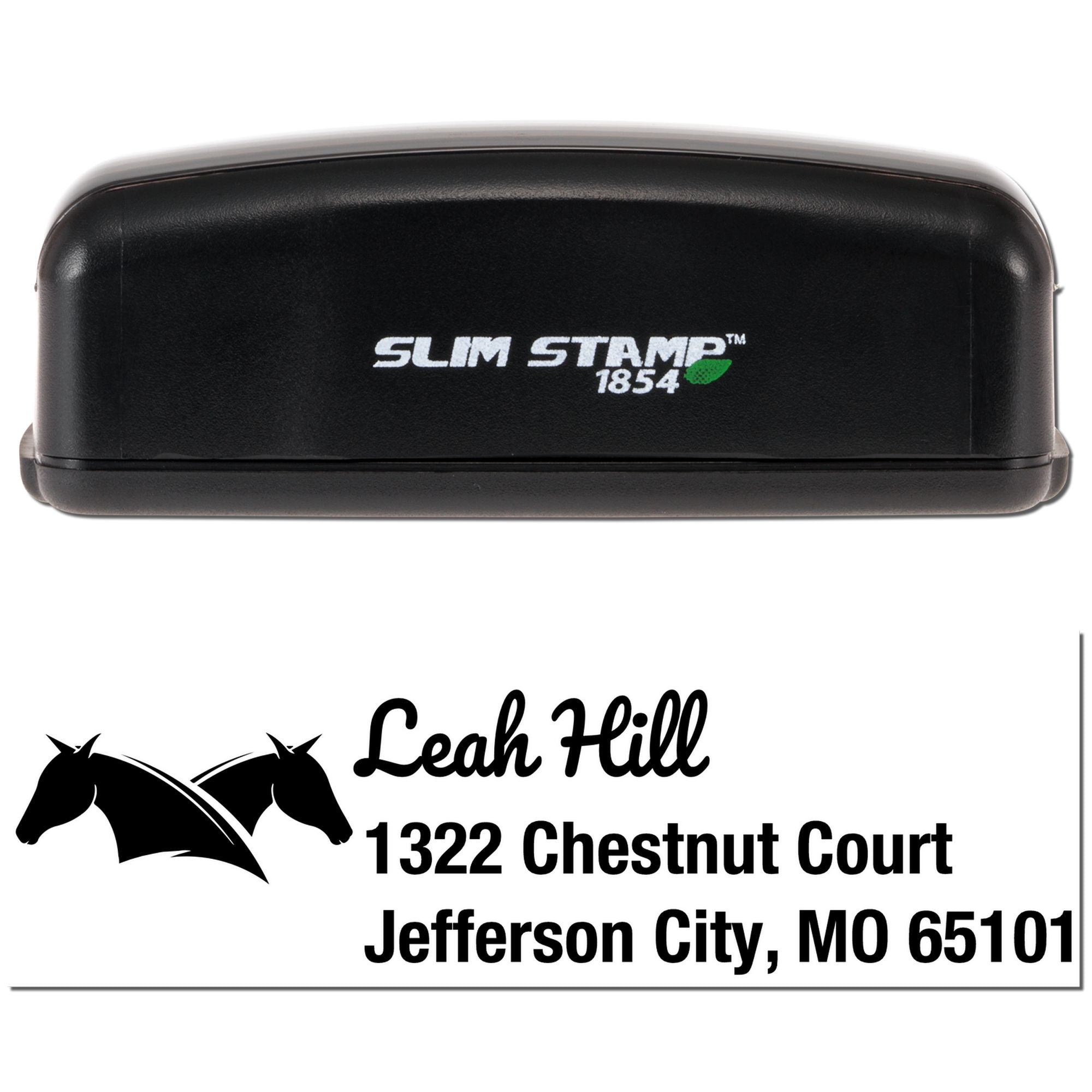 Custom return address rubber stamp with horse logo for Leah Hill, Jefferson City, MO 65101