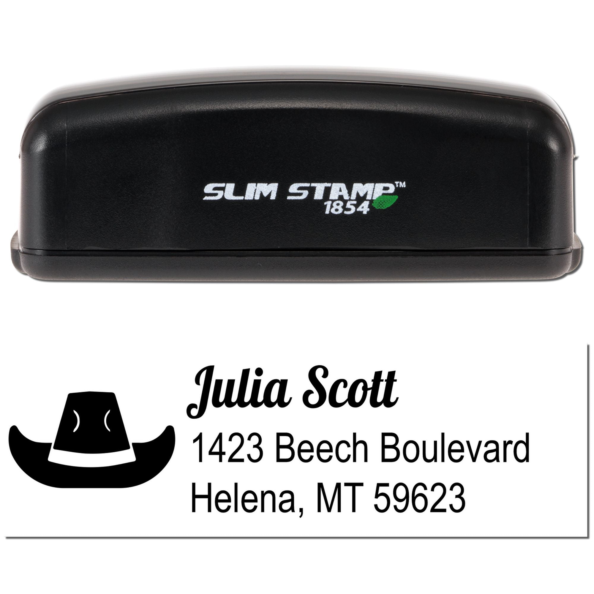 Custom self-inking rubber address stamp showing Julia Scott, 1423 Beech Boulevard, Helena, MT 59623.