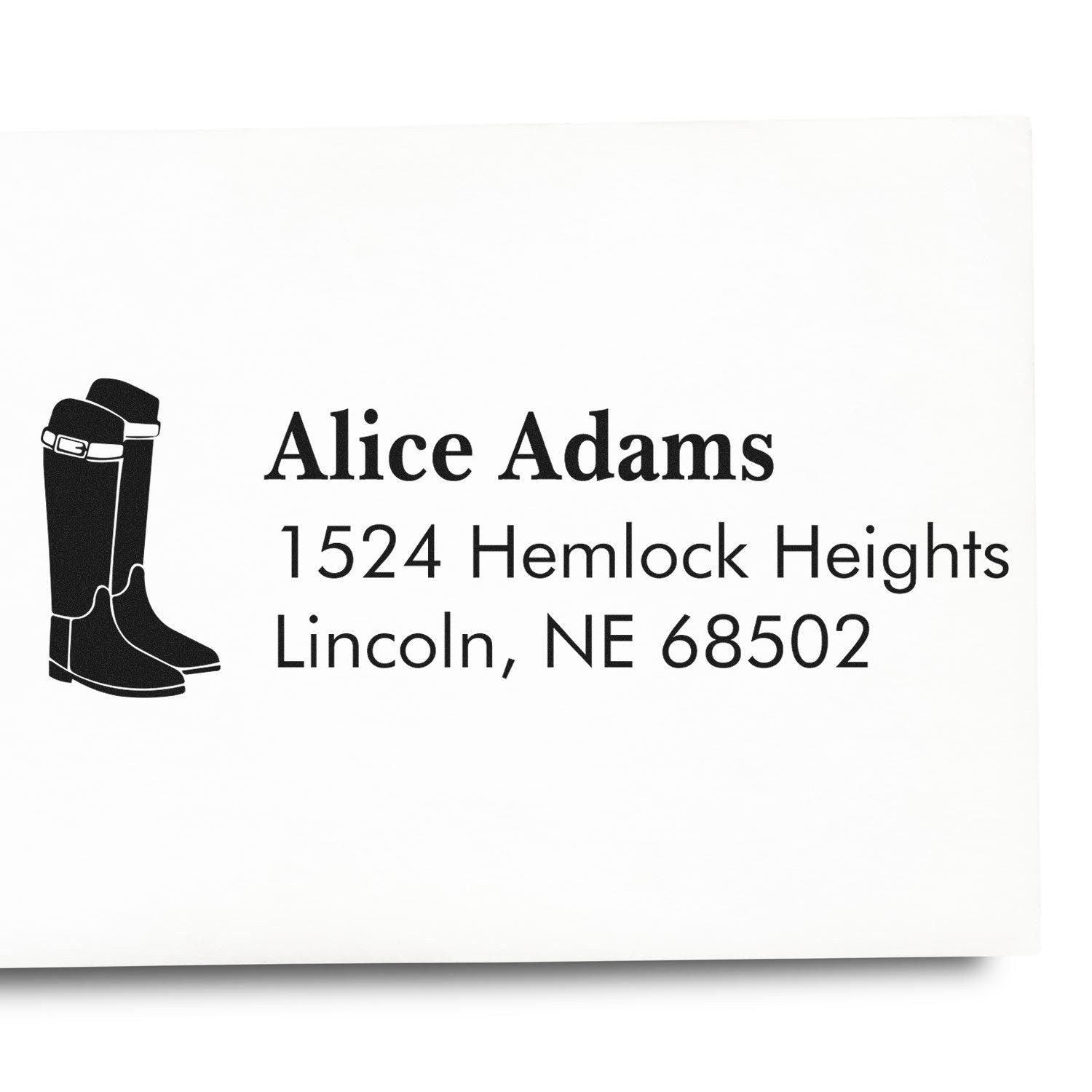 Custom rubber stamp return address design with boots icon for Alice Adams, 1524 Hemlock Heights, Lincoln, NE 68502.