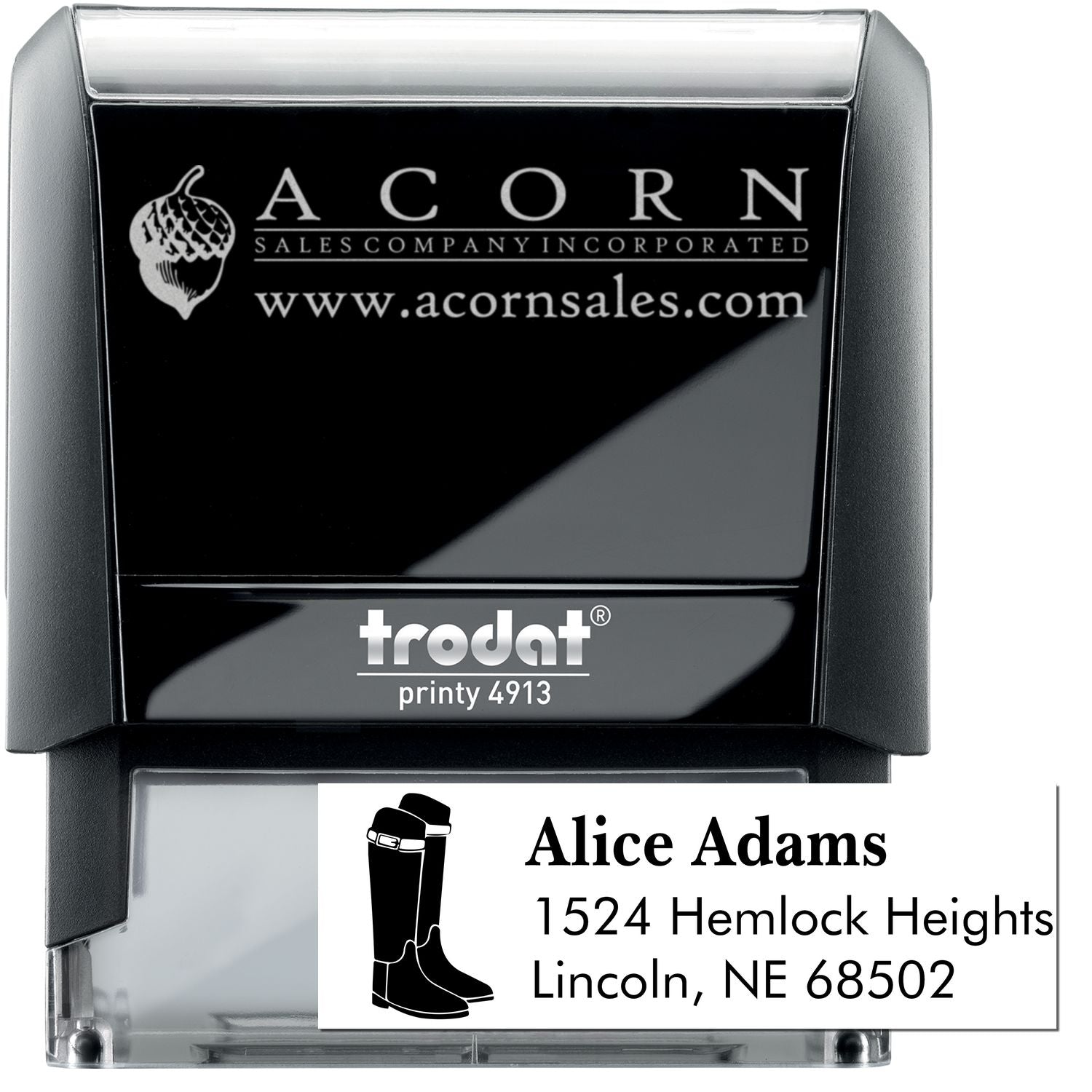 Self-inking custom rubber address stamp with boots icon for Alice Adams, Lincoln, NE, Trodat Printy.