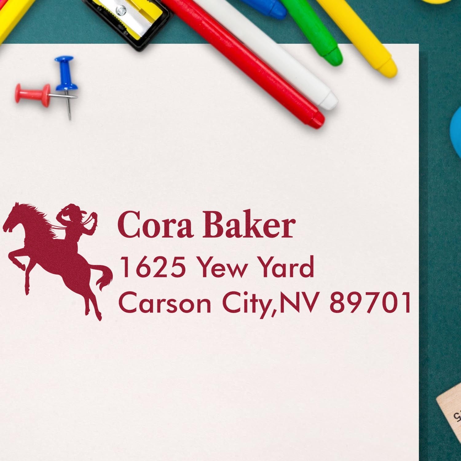 Custom horse rider return address rubber stamp with Cora Baker, 1625 Yew Yard, Carson City, NV 89701.
