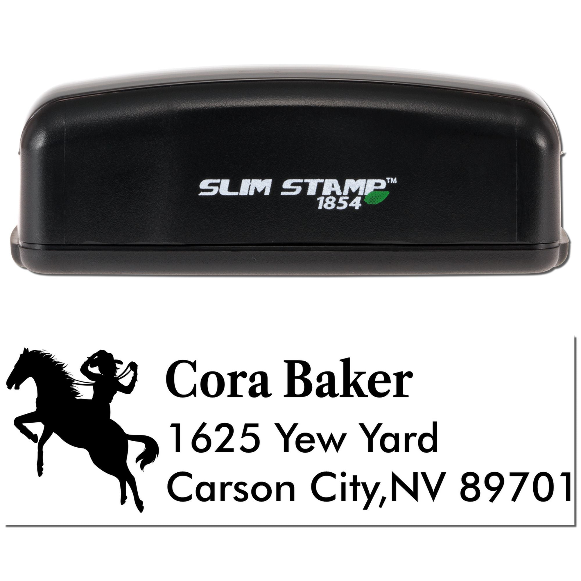 Custom horse rider return address rubber stamp, Slim Stamp 1854 self-inking design for Cora Baker, Carson City NV