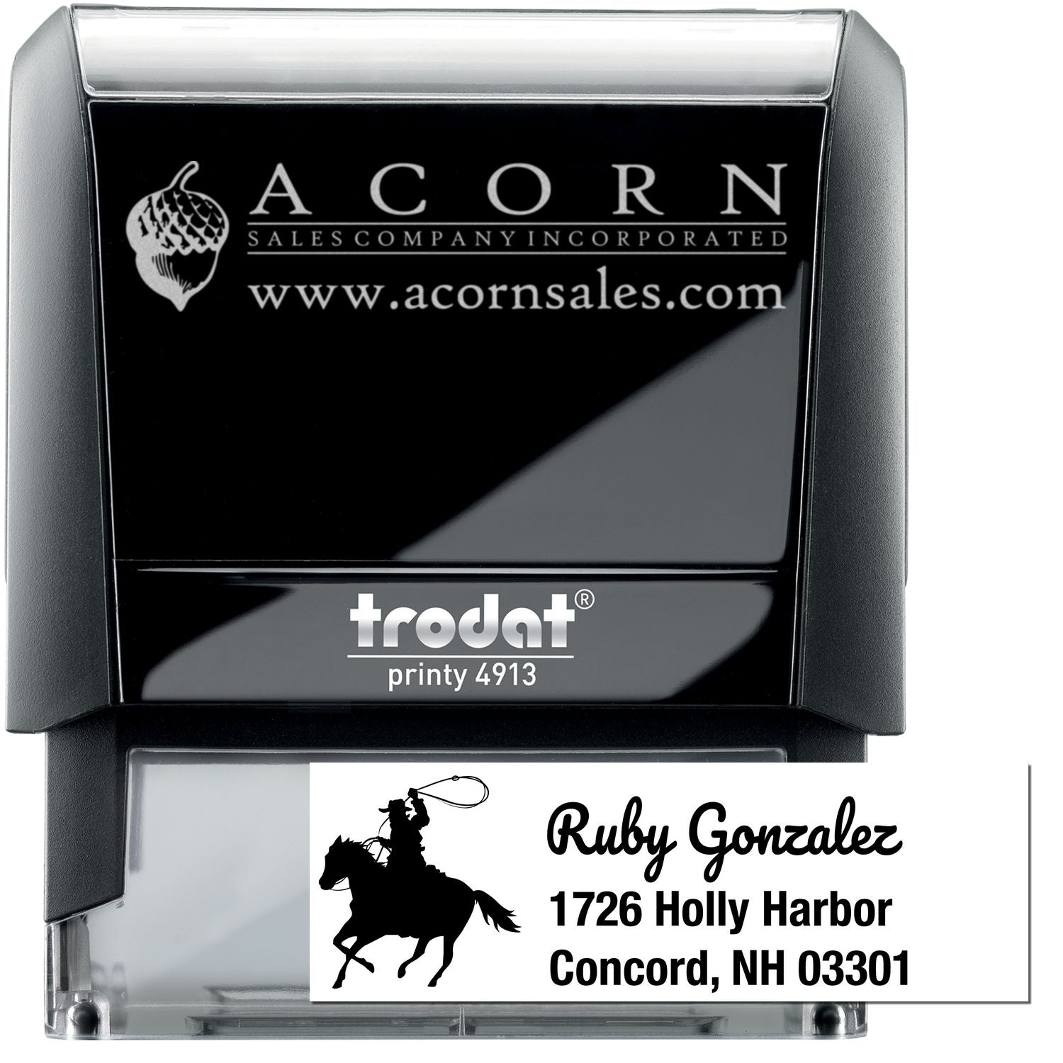 Custom self-inking address stamp with business logo, Trodat Printy 4913, for personalized mailing and branding.