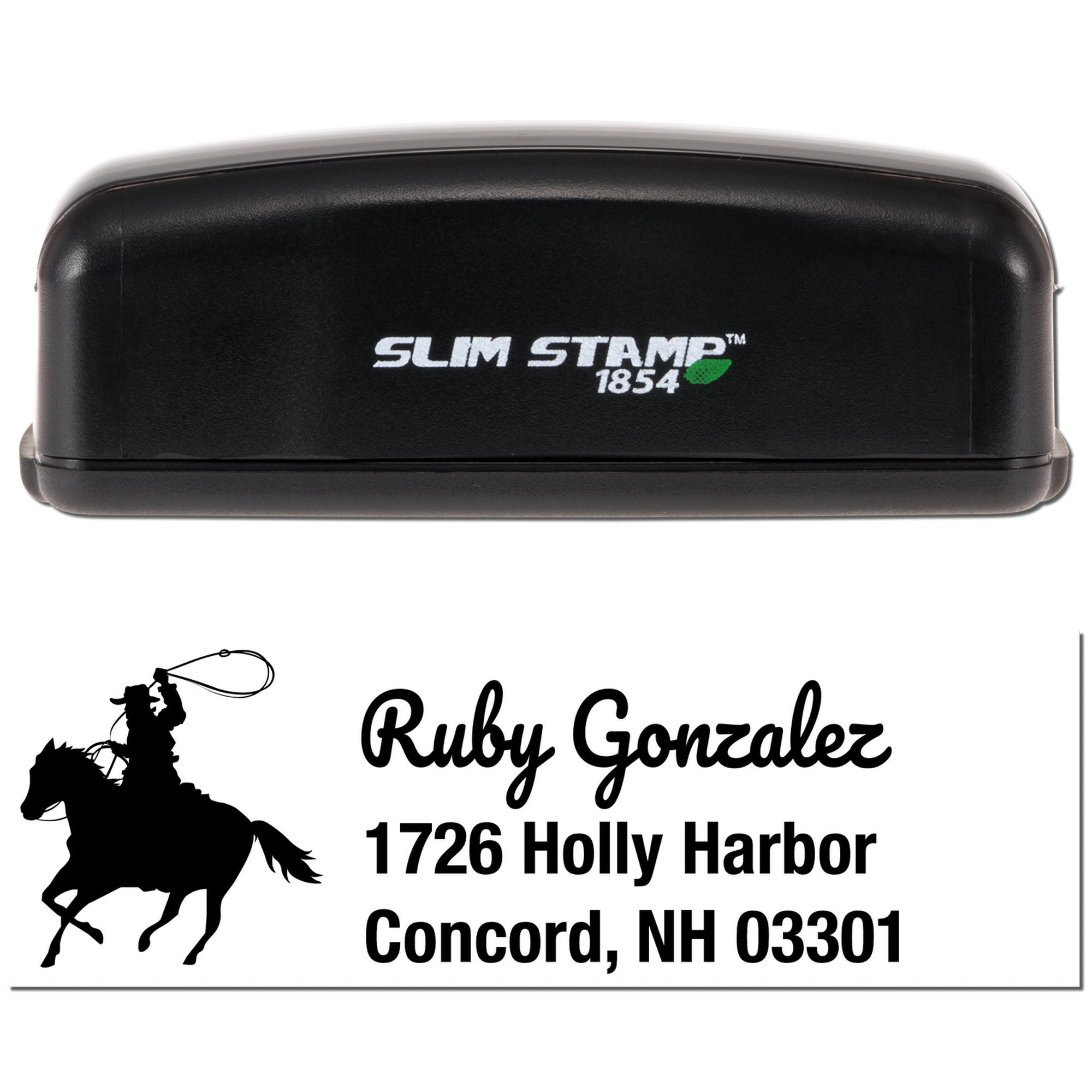 Custom self-inking rubber address stamp with rodeo rider logo for Ruby Gonzalez, Concord, NH 03301.