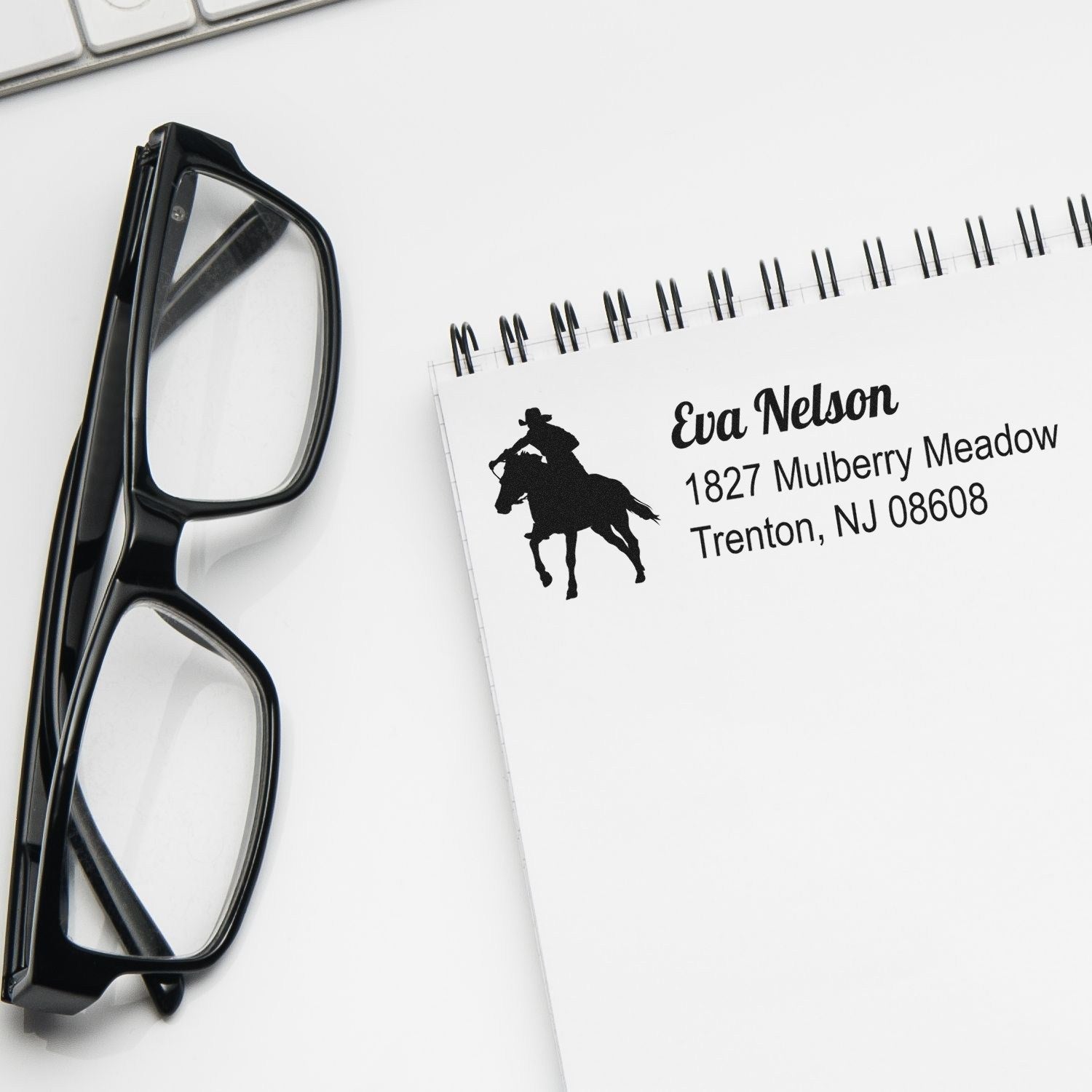 Custom return address rubber stamp with horse rider silhouette for personalized mailing and envelopes.