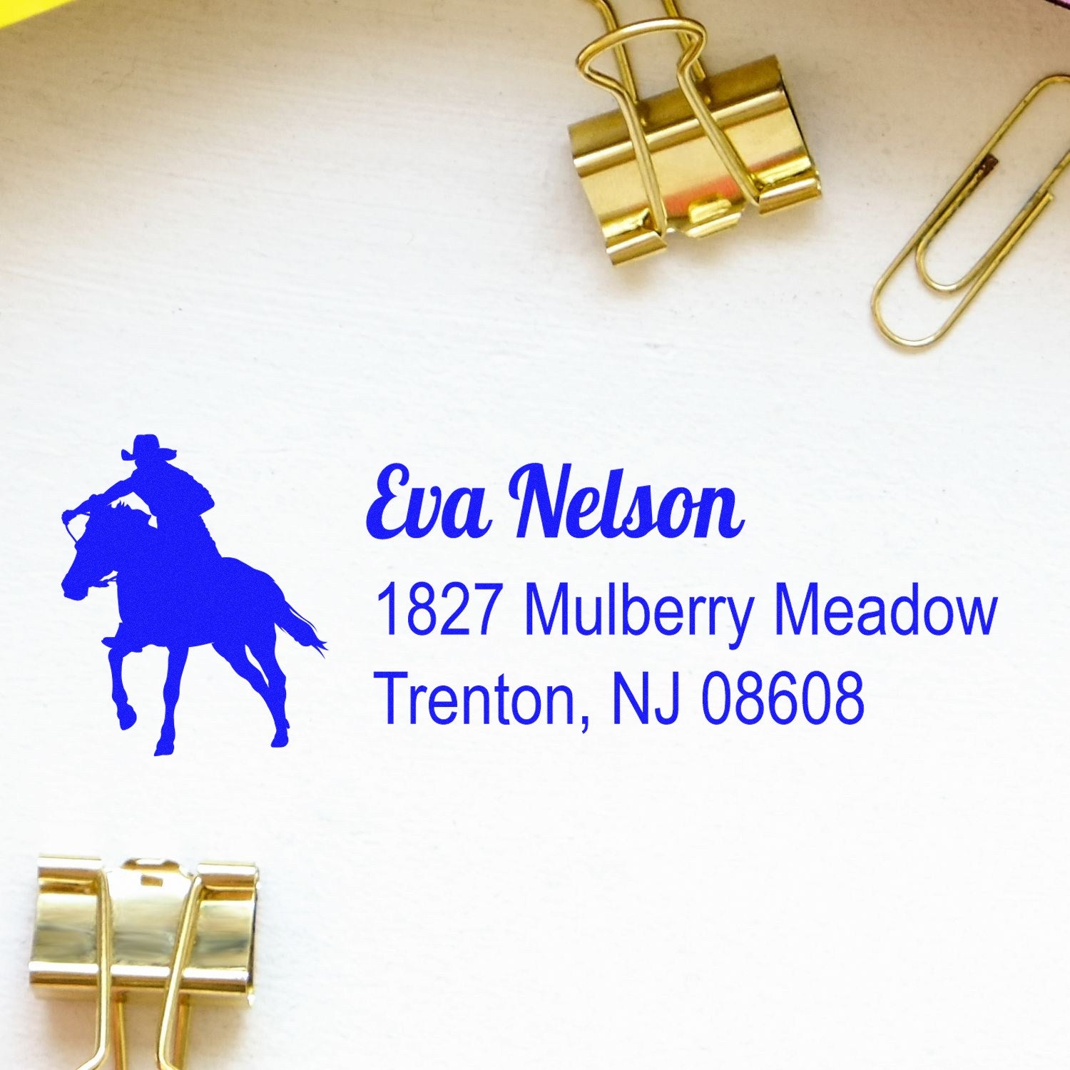 Custom equestrian address rubber stamp with horse rider silhouette, Eva Nelson, Trenton NJ 08608.