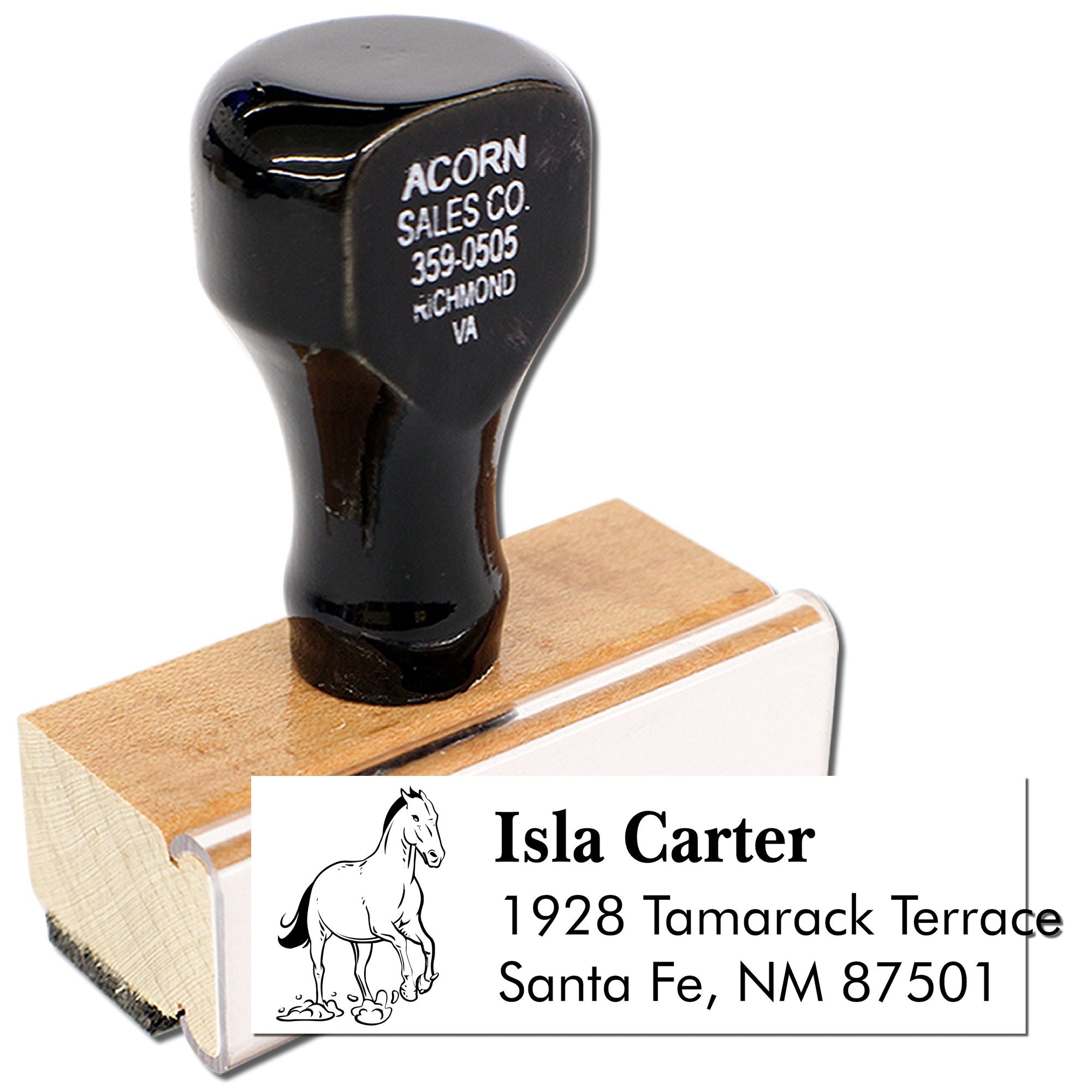 Custom self-inking rubber address stamp with horse logo for Isla Carter, Santa Fe, NM