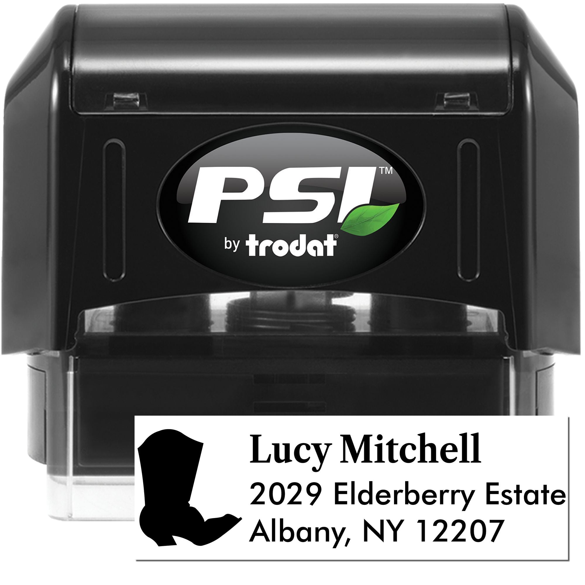 PSI by Trodat self-inking rubber stamp with custom name and address imprint for return mailing and business labeling.
