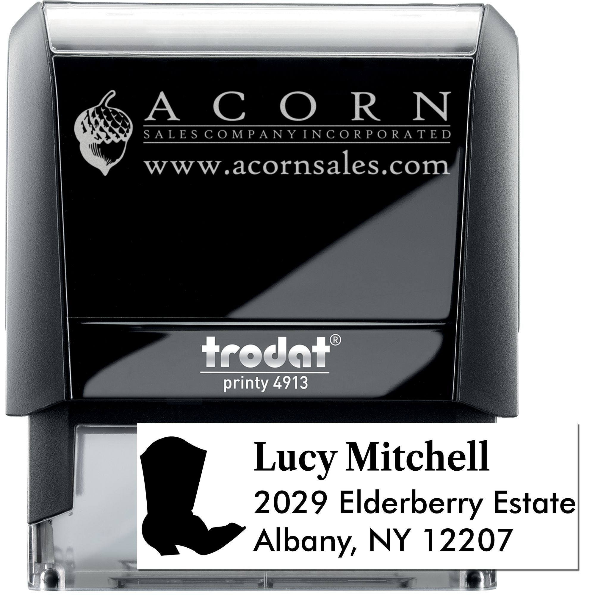 Custom self-inking rubber stamp, Trodat Printy 4913, with business logo and address for branding and mailing.