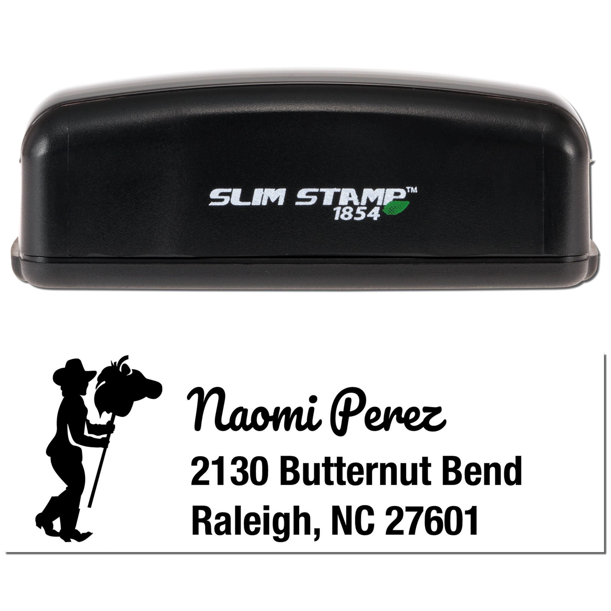 Custom Slim Stamp 1854 rubber address stamp with Naomi Perez return address for Raleigh, NC 27601.