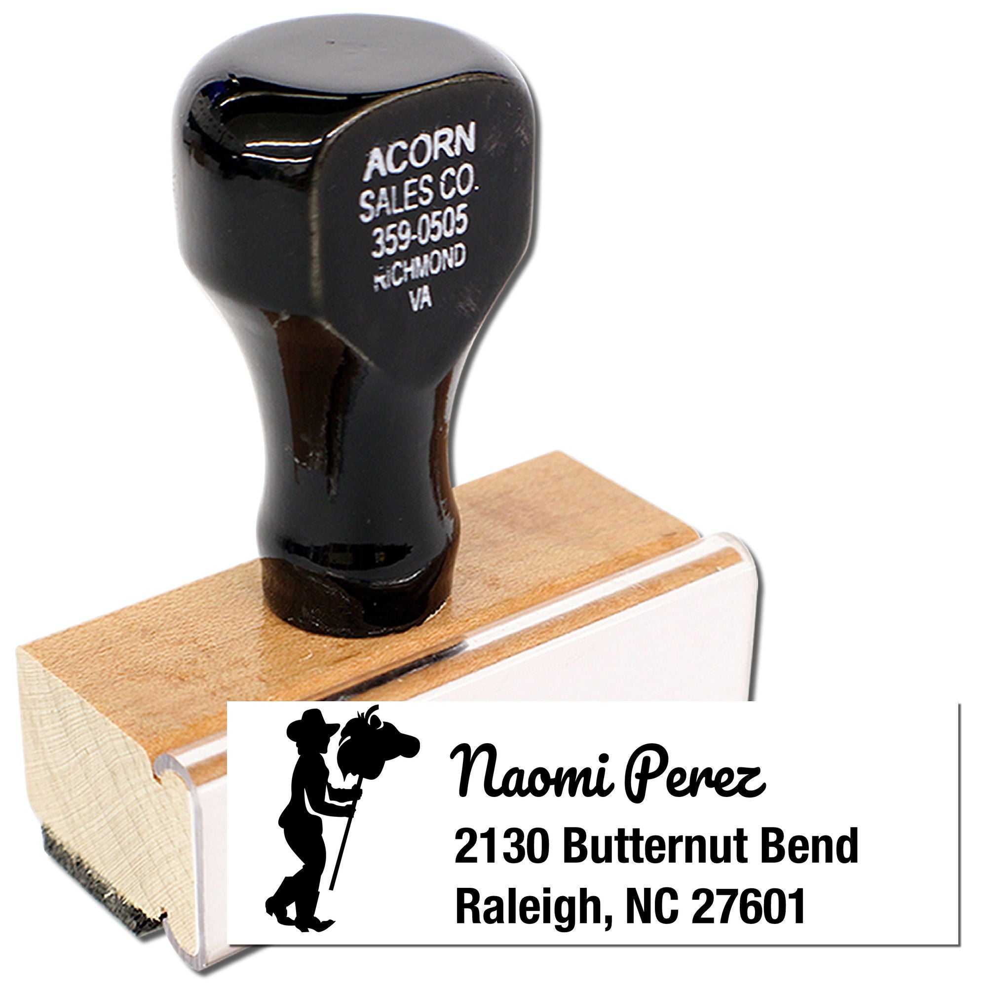 Custom golfer address rubber stamp with Naomi Perez name and Raleigh, NC return address.