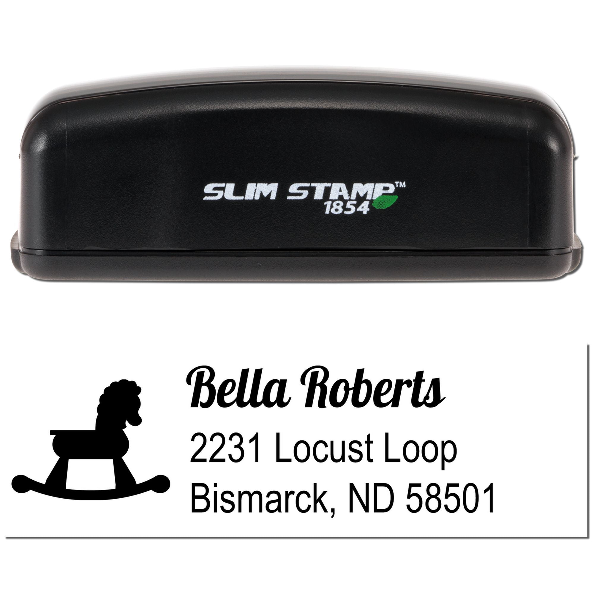 Custom self-inking rubber address stamp with horse icon for Bella Roberts, Bismarck, ND