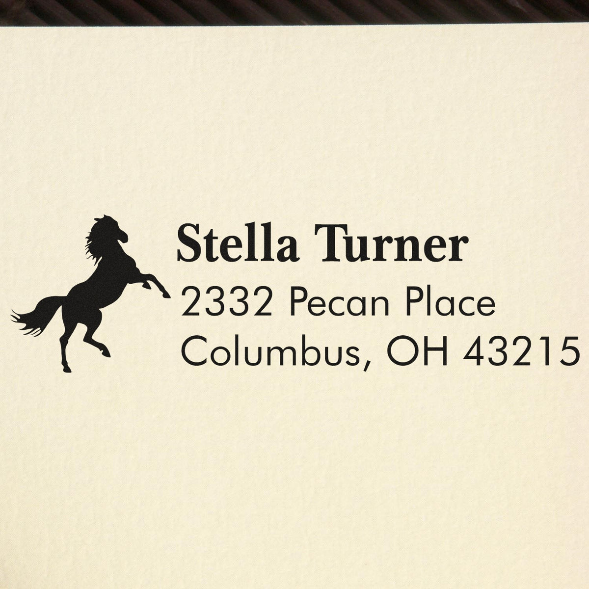 Personalized horse silhouette return address rubber stamp for Stella Turner, 2332 Pecan Place, Columbus, OH 43215