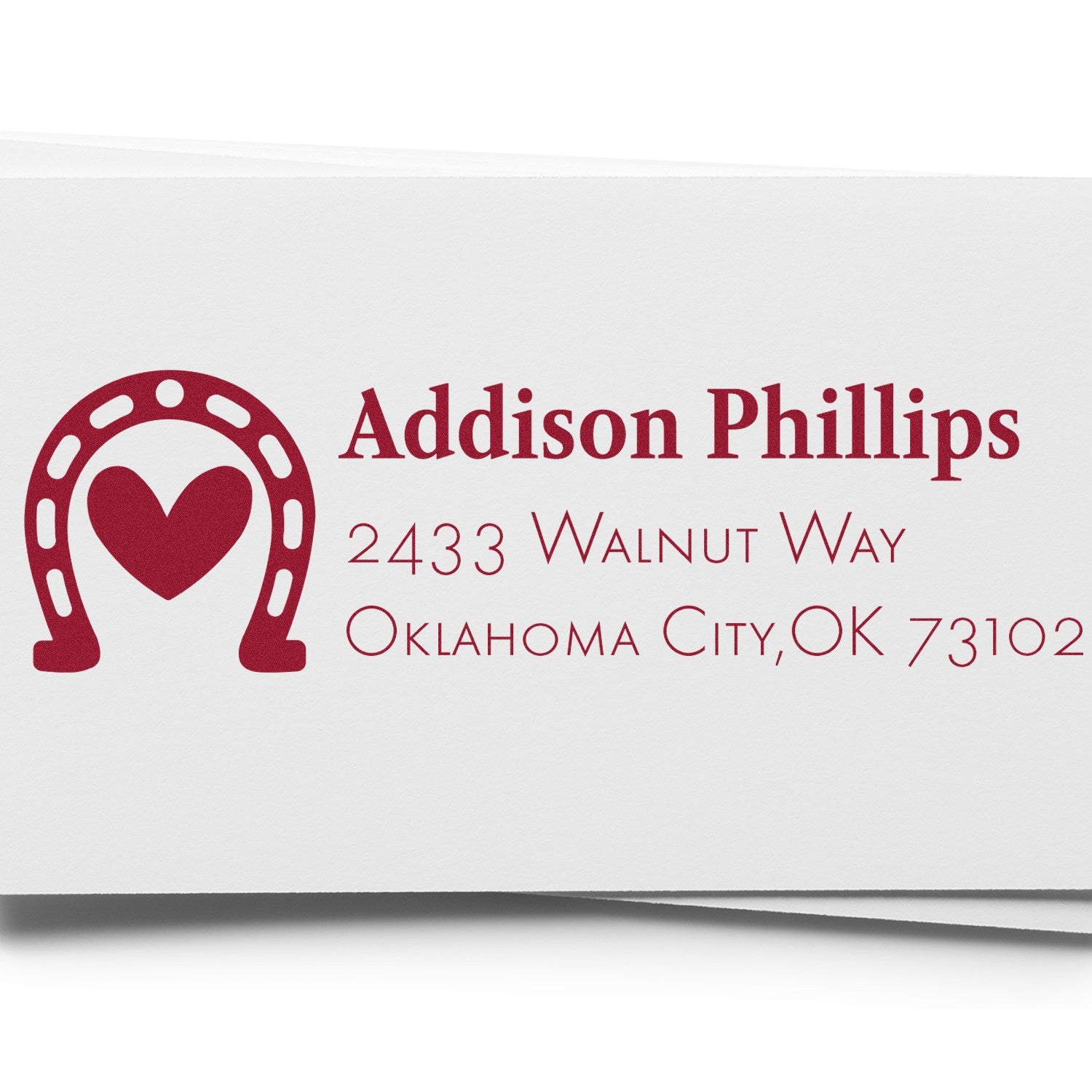 Custom horseshoe heart address rubber stamp for Addison Phillips, 2433 Walnut Way, Oklahoma City, OK 73102