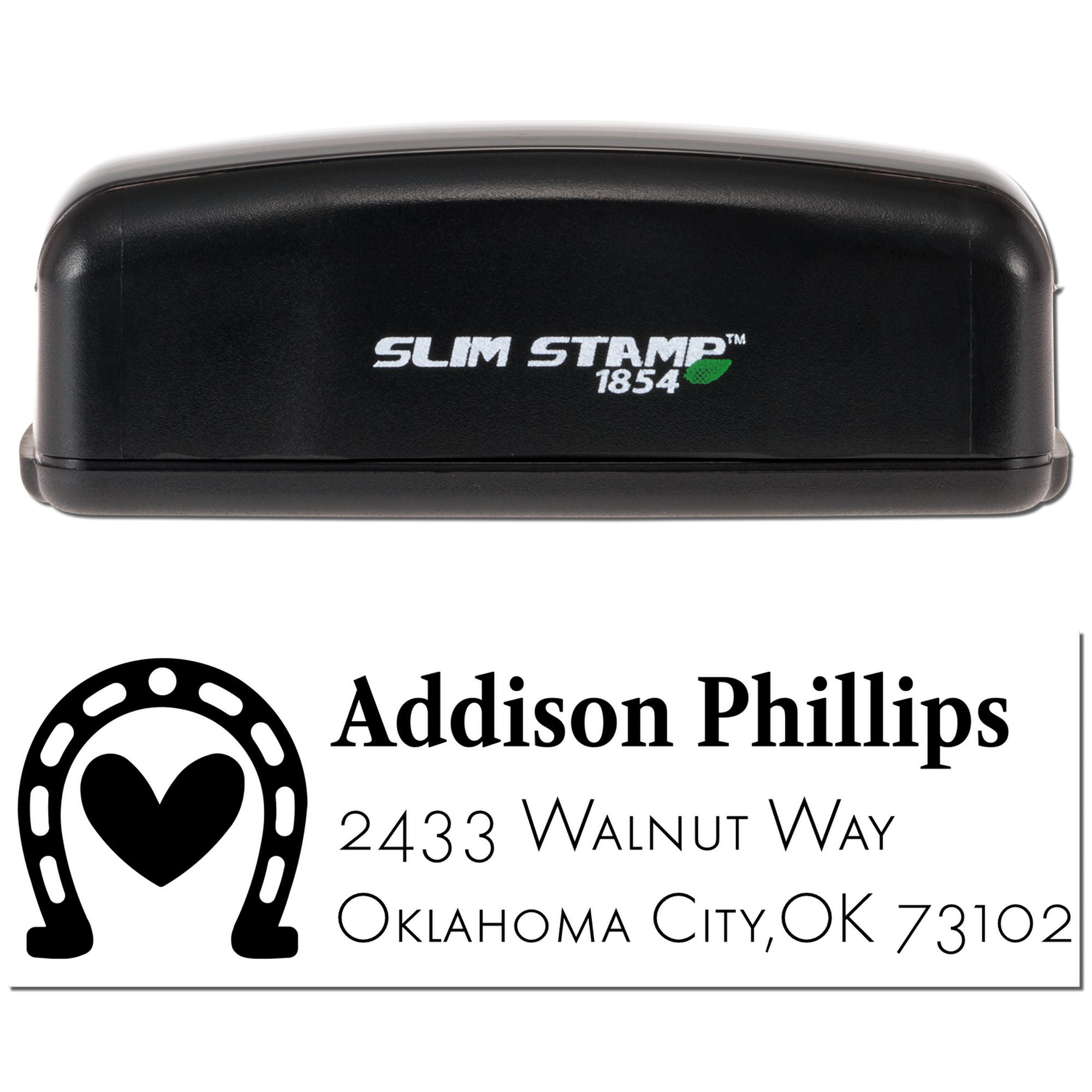 Slim Stamp 1854 custom return address rubber stamp with horseshoe heart design and Addison Phillips Oklahoma City imprint.