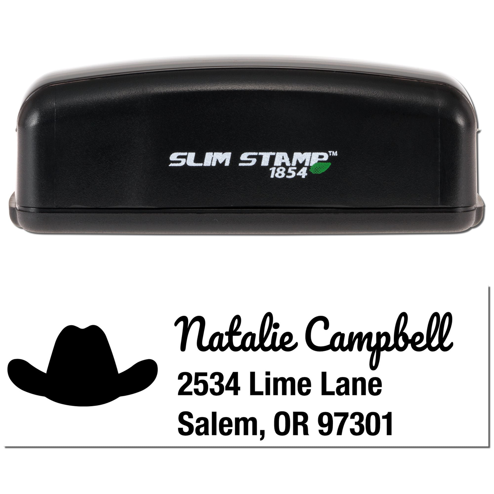 Custom self-inking address rubber stamp with cowboy hat icon and Natalie Campbell mailing address, Salem, OR 97301.