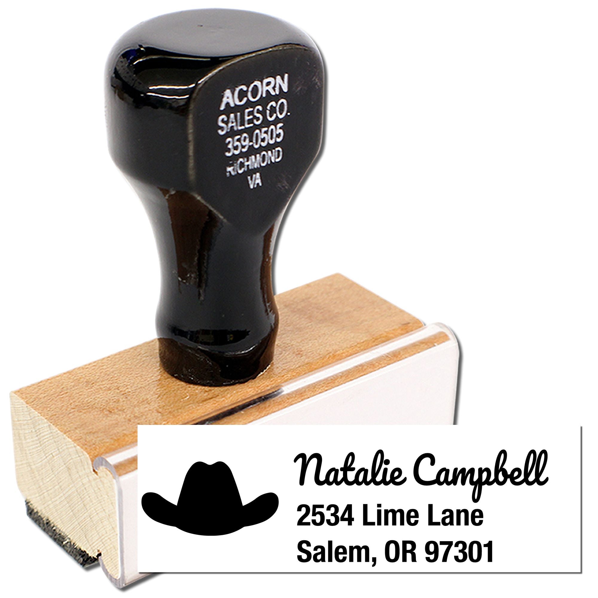 Custom address rubber stamp with cowboy hat design for Natalie Campbell, Salem, OR