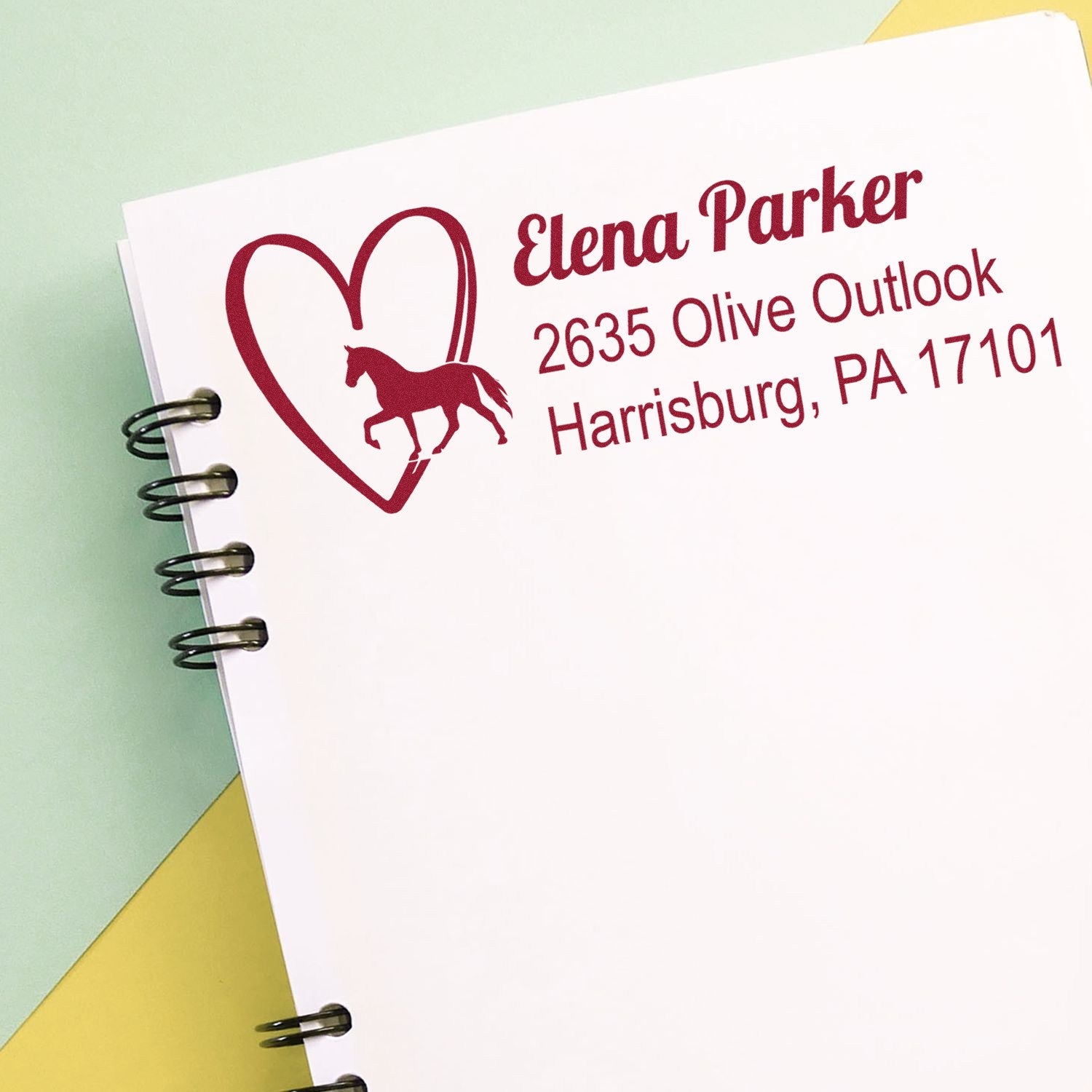 Personalized rubber stamp with horse heart logo and return address for Elena Parker, Harrisburg, PA 17101